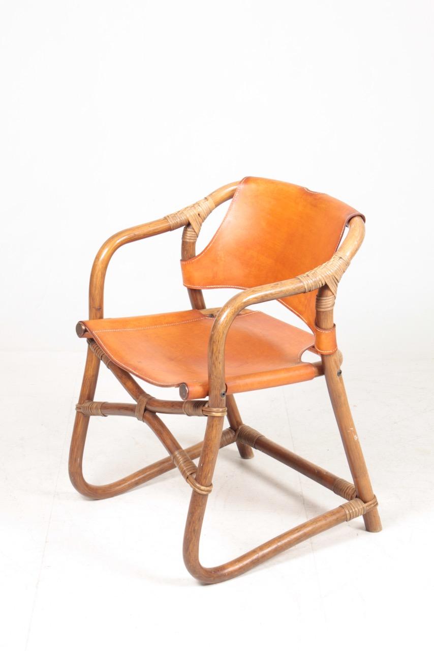 Mid-20th Century Set of 14 Danish Midcentury Side Chairs in Bamboo and Patinated Leather, 1960s
