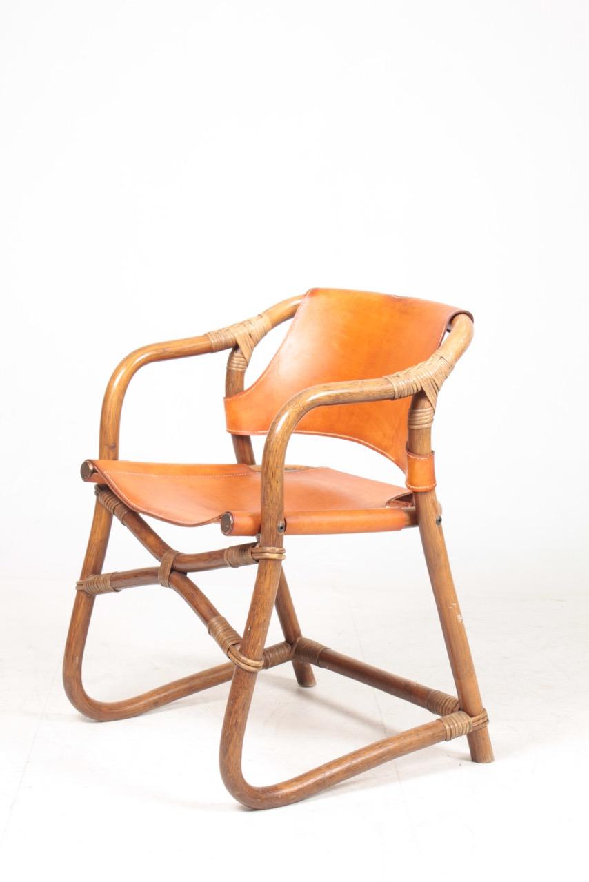 Set of 14 Danish Midcentury Side Chairs in Bamboo and Patinated Leather, 1960s 2