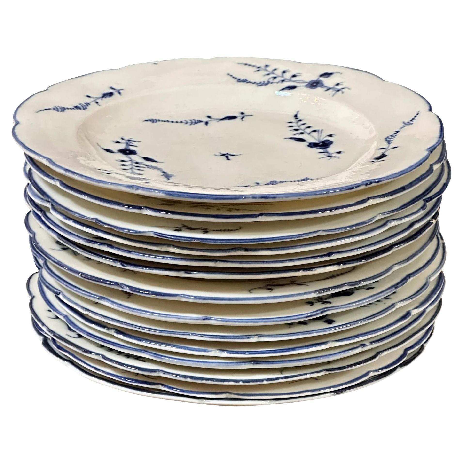 Set of 14 French 18th Century Porcelain Chantilly Blue Spring Plates For Sale