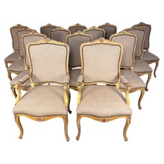 Set of 14 French Louis XV Style Gilt Dining Chairs with Linen Upholstery