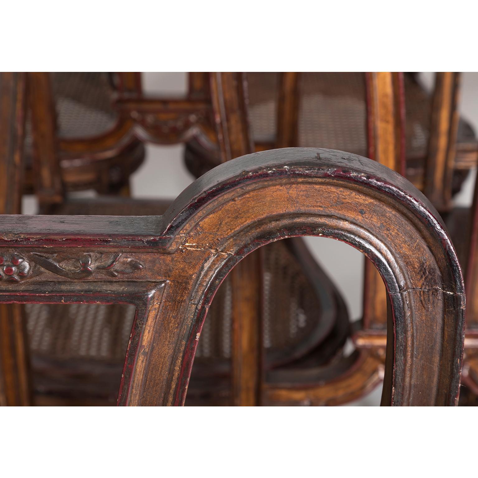 Set of 14 French Style Dining Chairs, Painted Hand Carved Wood with Canned Seats For Sale 4