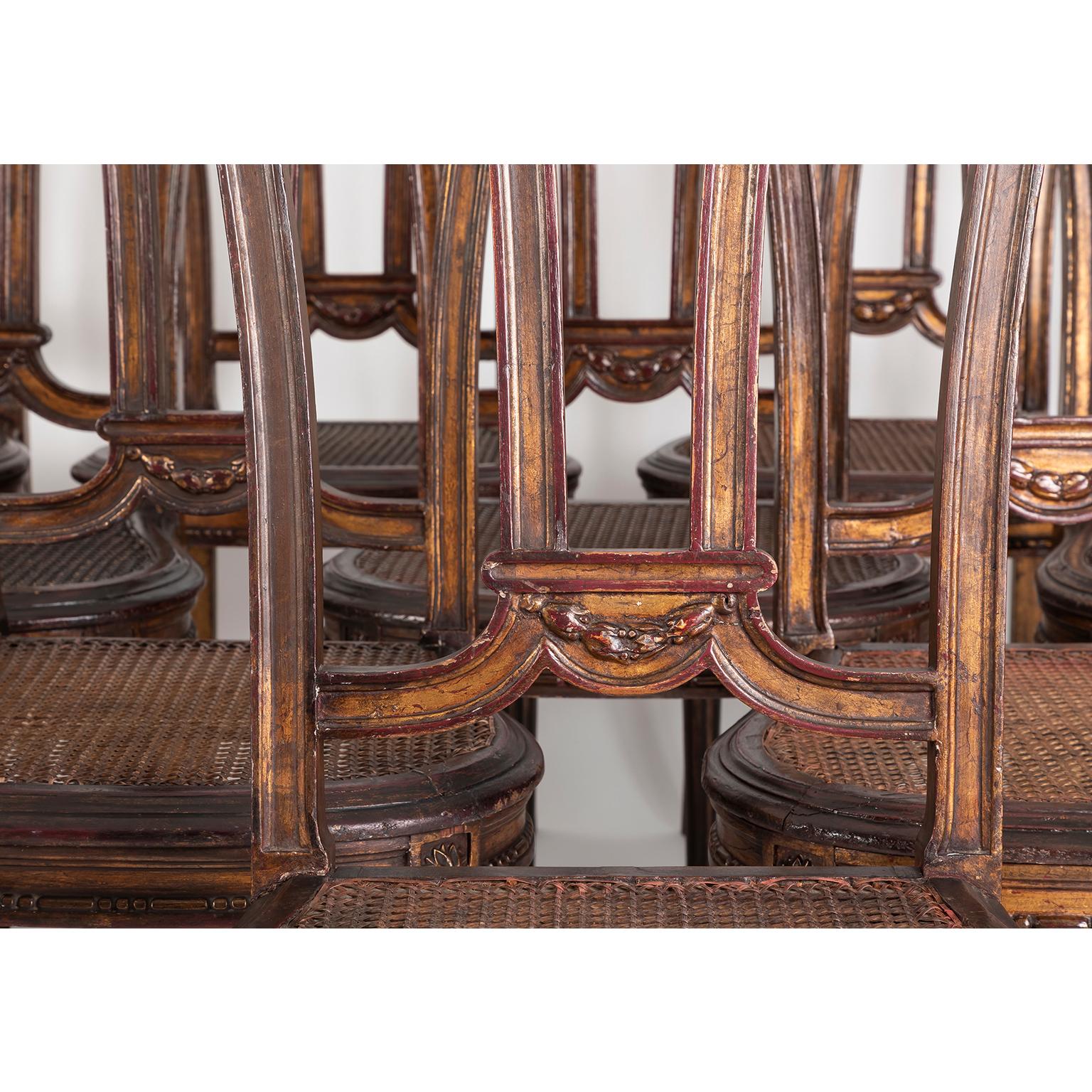 Set of 14 French Style Dining Chairs, Painted Hand Carved Wood with Canned Seats For Sale 5