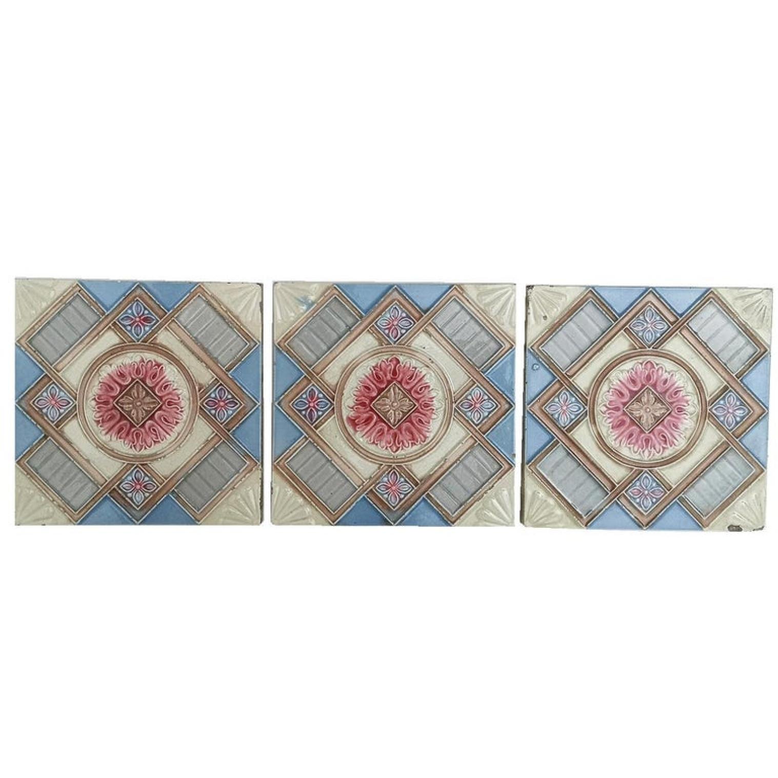 This is an amazing set of 14 antique Art Nouveau handmade tiles, S.A. Produits Céramiques de la Dyle in Wijgmaal, Belga).
A beautiful relief and deep rich warm creme, sky blue, and grey color. These tiles would be charming displayed on easels,