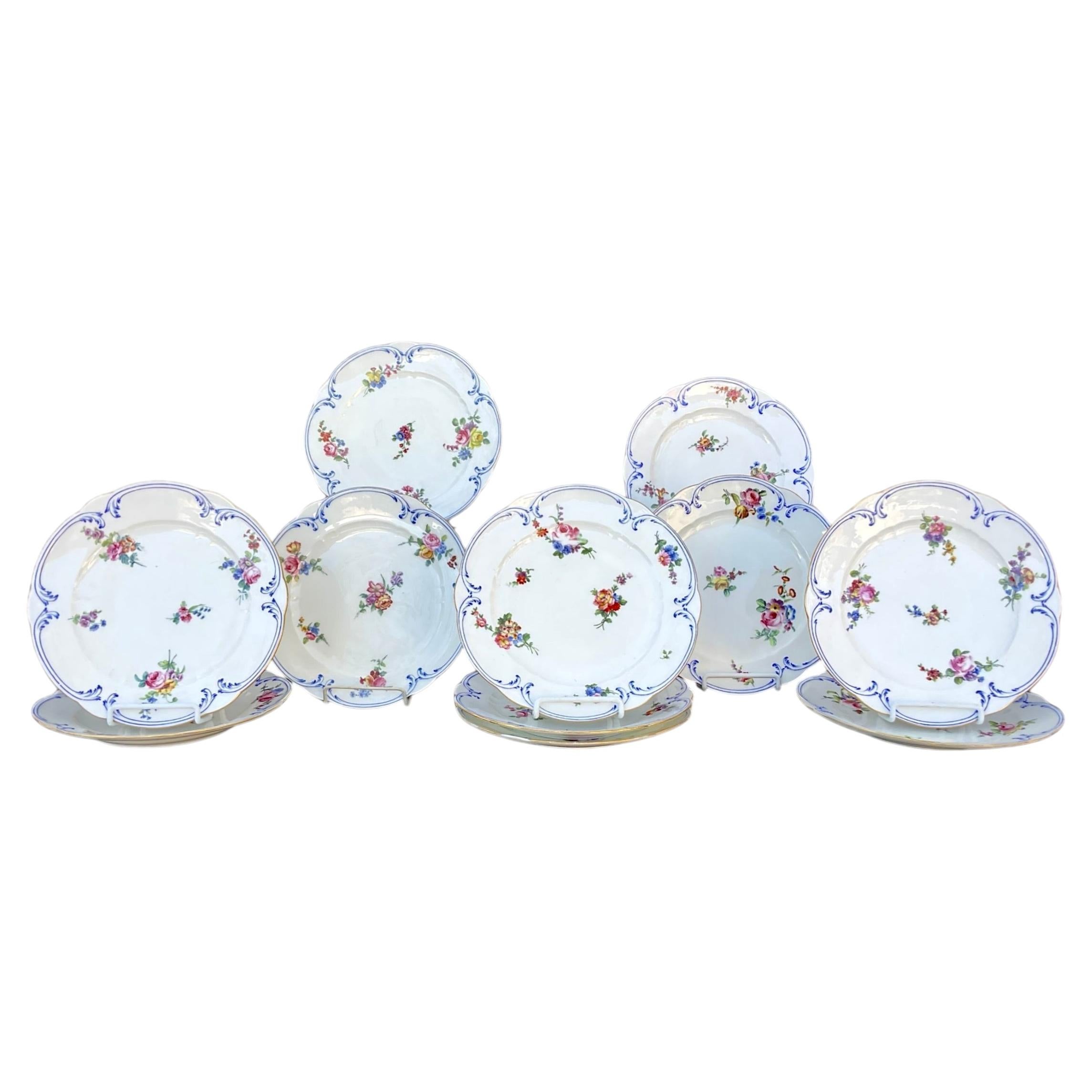 Set of 14 Hand-Painted Sèvres Porcelain Dinner Plates, 18th Century