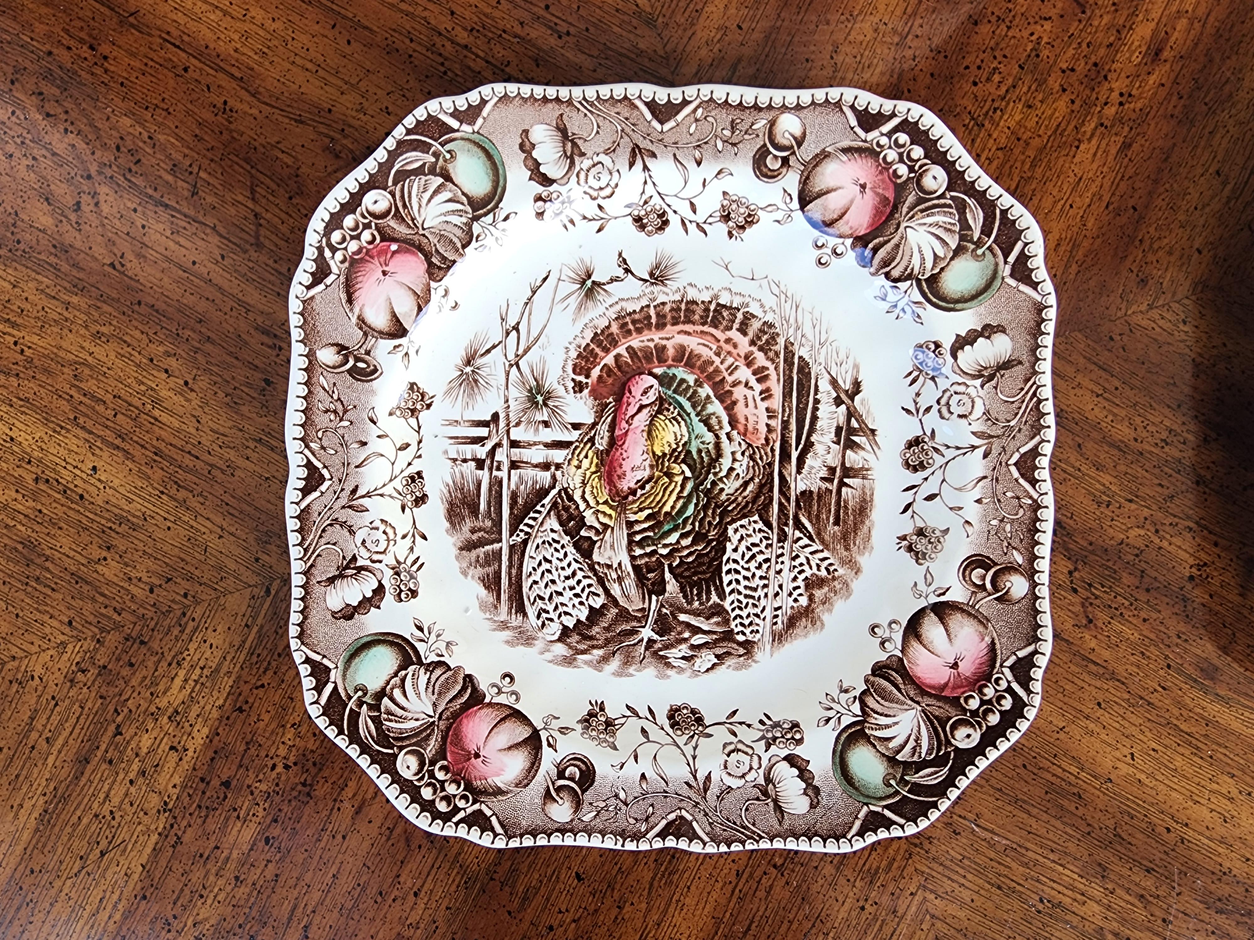 For FULL item description click on CONTINUE READING at the bottom of this page.

Offering One Of Our Recent Palm Beach Estate Fine Dinnerware Acquisitions Of A
Rare Set of 14 Johnson Bros His Majesty Turkey Square Dessert Salad Plates 7 3/4