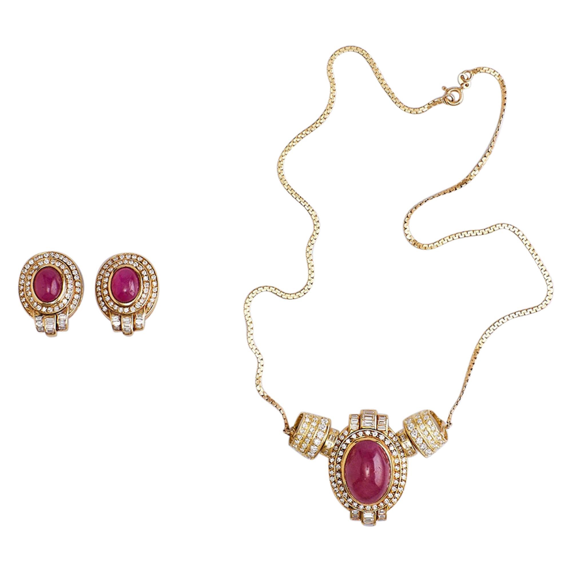 Set of 14 Karat Gold, Ruby and Diamonds Pendant with Chain and Earrings