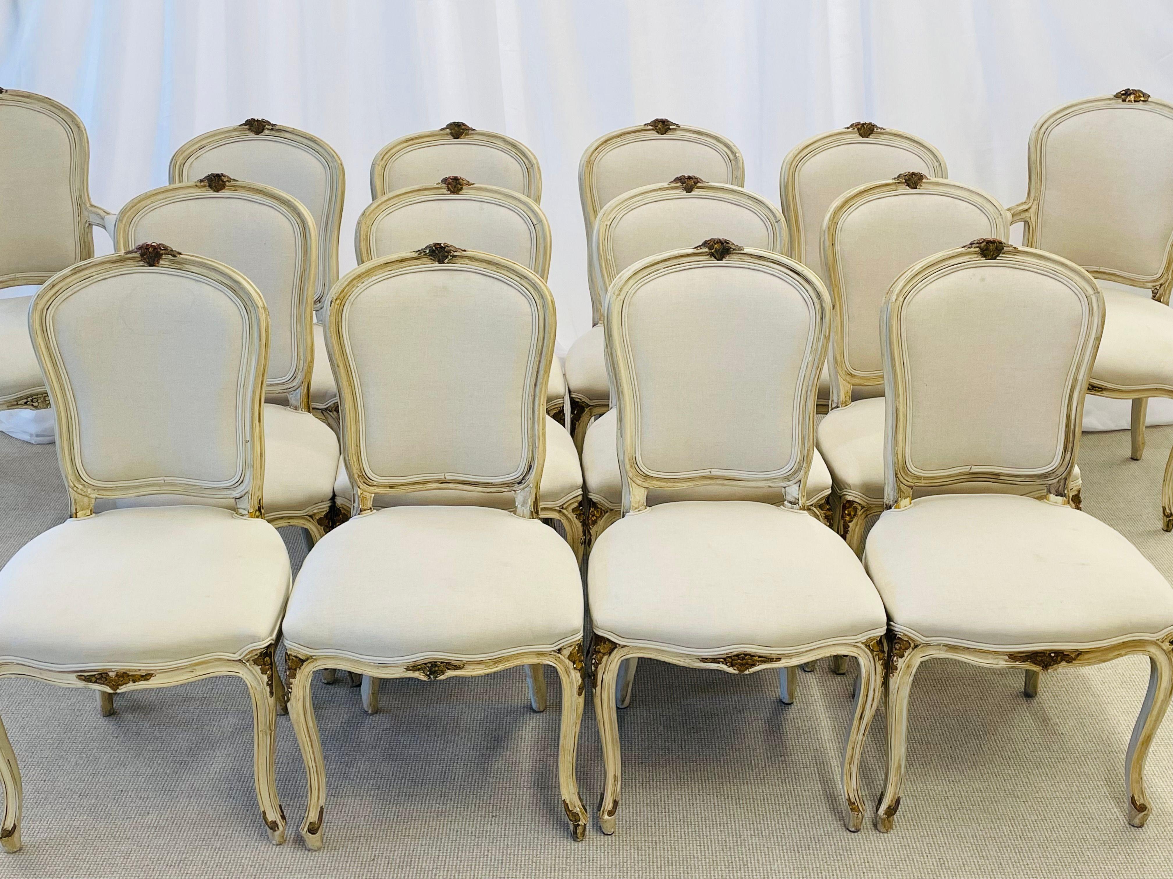 Maison Jansen, Gustavian, Dining Chairs, Ivory Painted Wood, White Fabric, 1940s For Sale 12