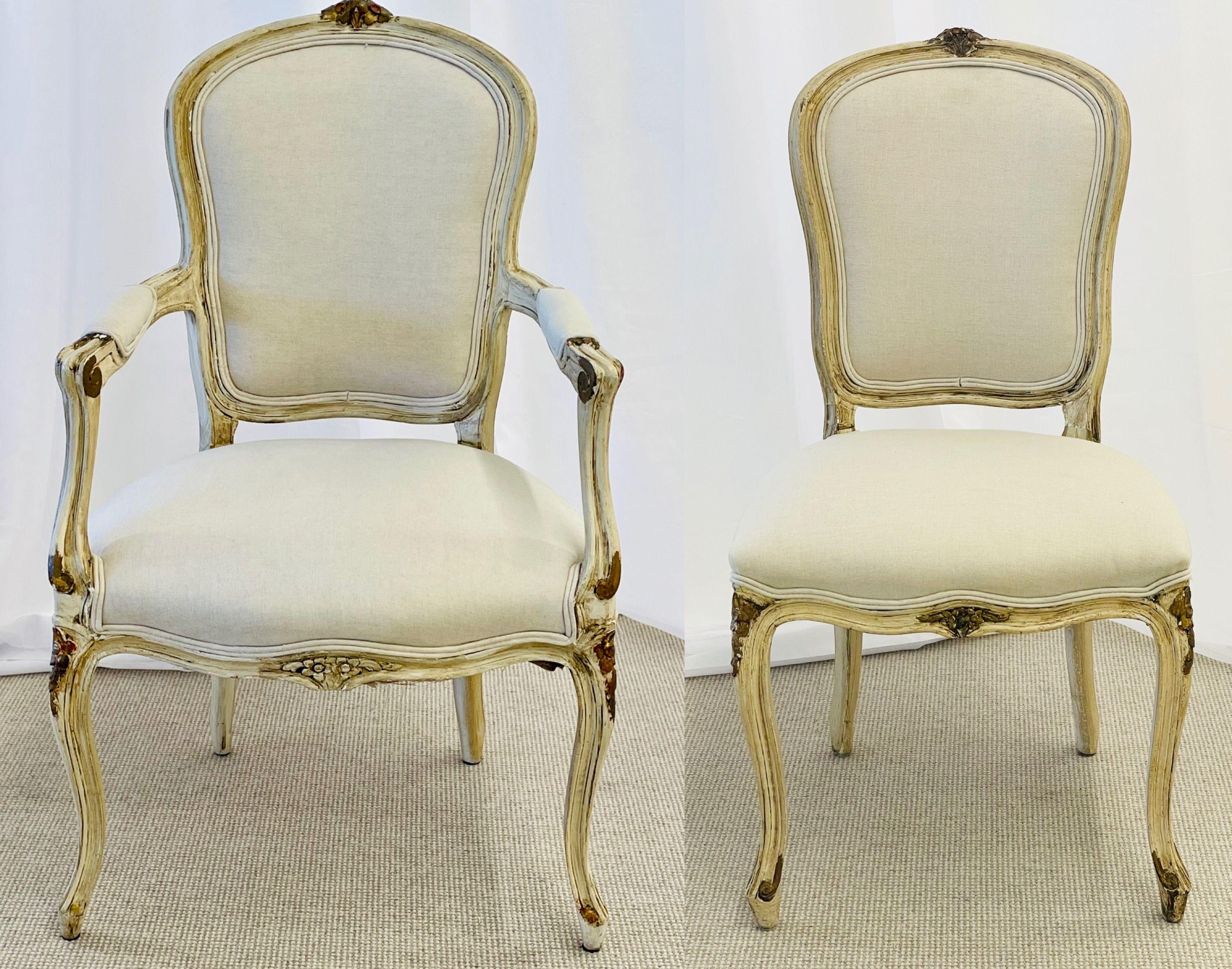 Maison Jansen, Gustavian, Dining Chairs, Ivory Painted Wood, White Fabric, 1940s In Good Condition For Sale In Stamford, CT
