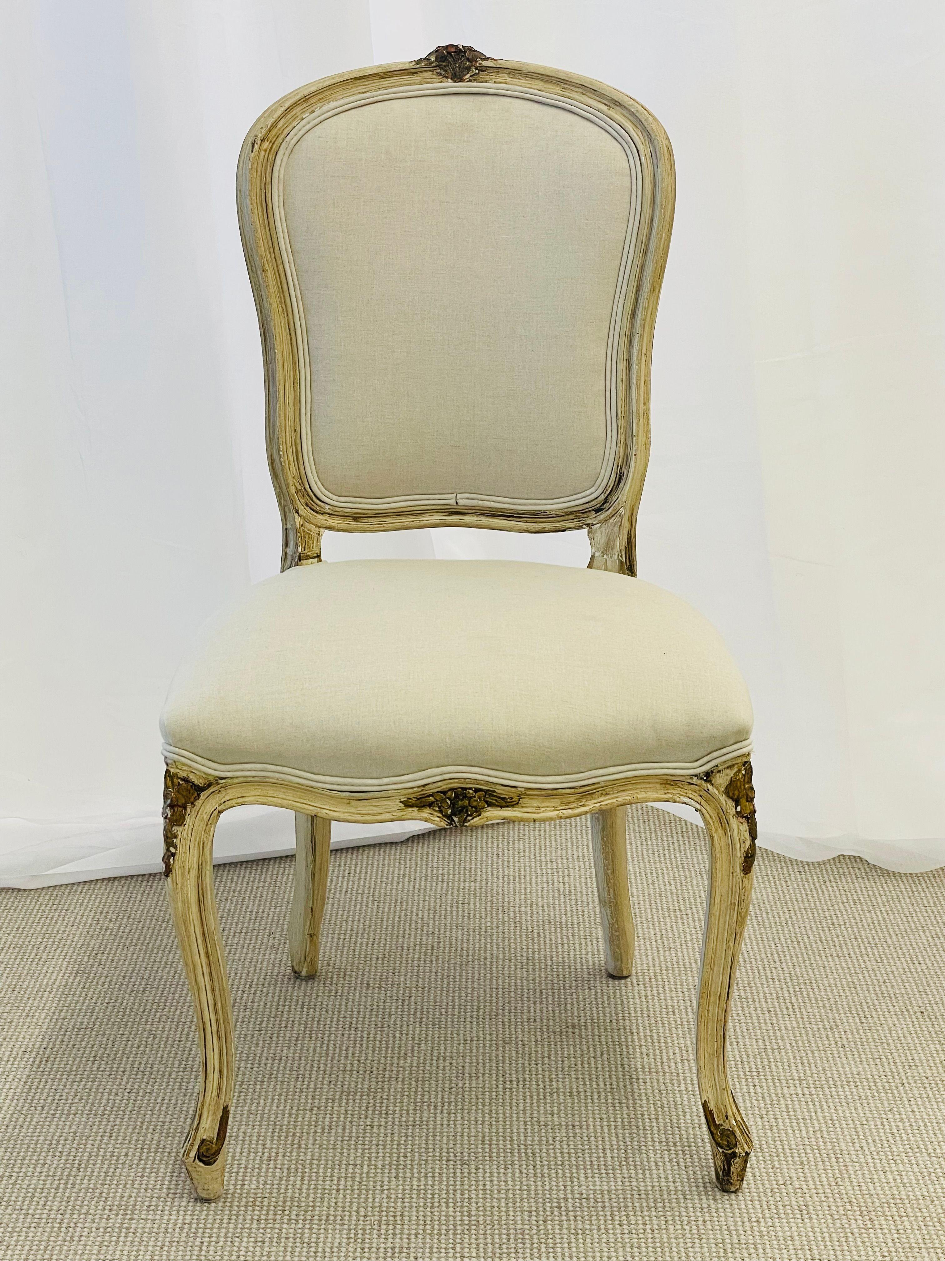 Mid-20th Century Maison Jansen, Gustavian, Dining Chairs, Ivory Painted Wood, White Fabric, 1940s For Sale