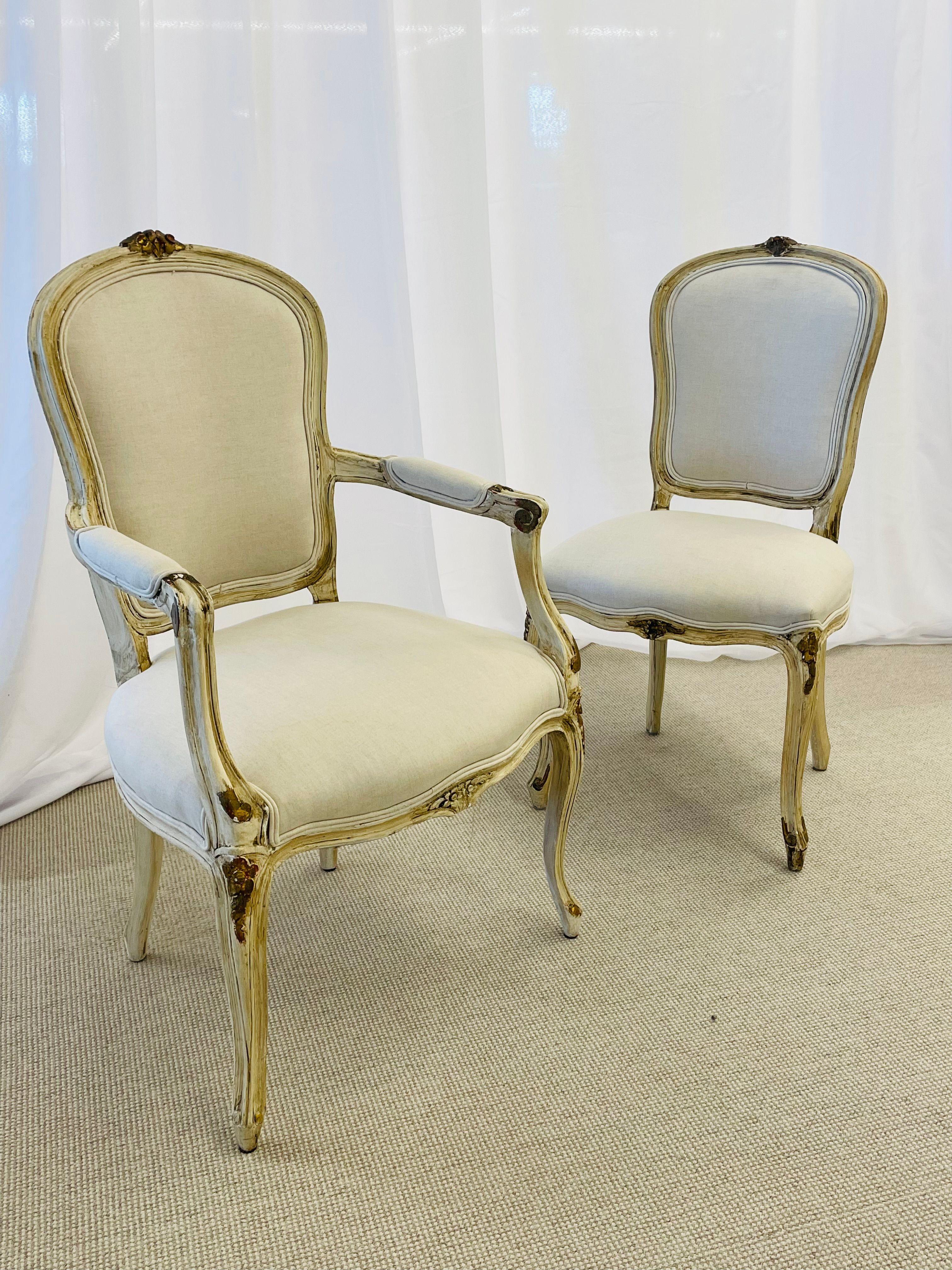 Maison Jansen, Gustavian, Dining Chairs, Ivory Painted Wood, White Fabric, 1940s For Sale 1