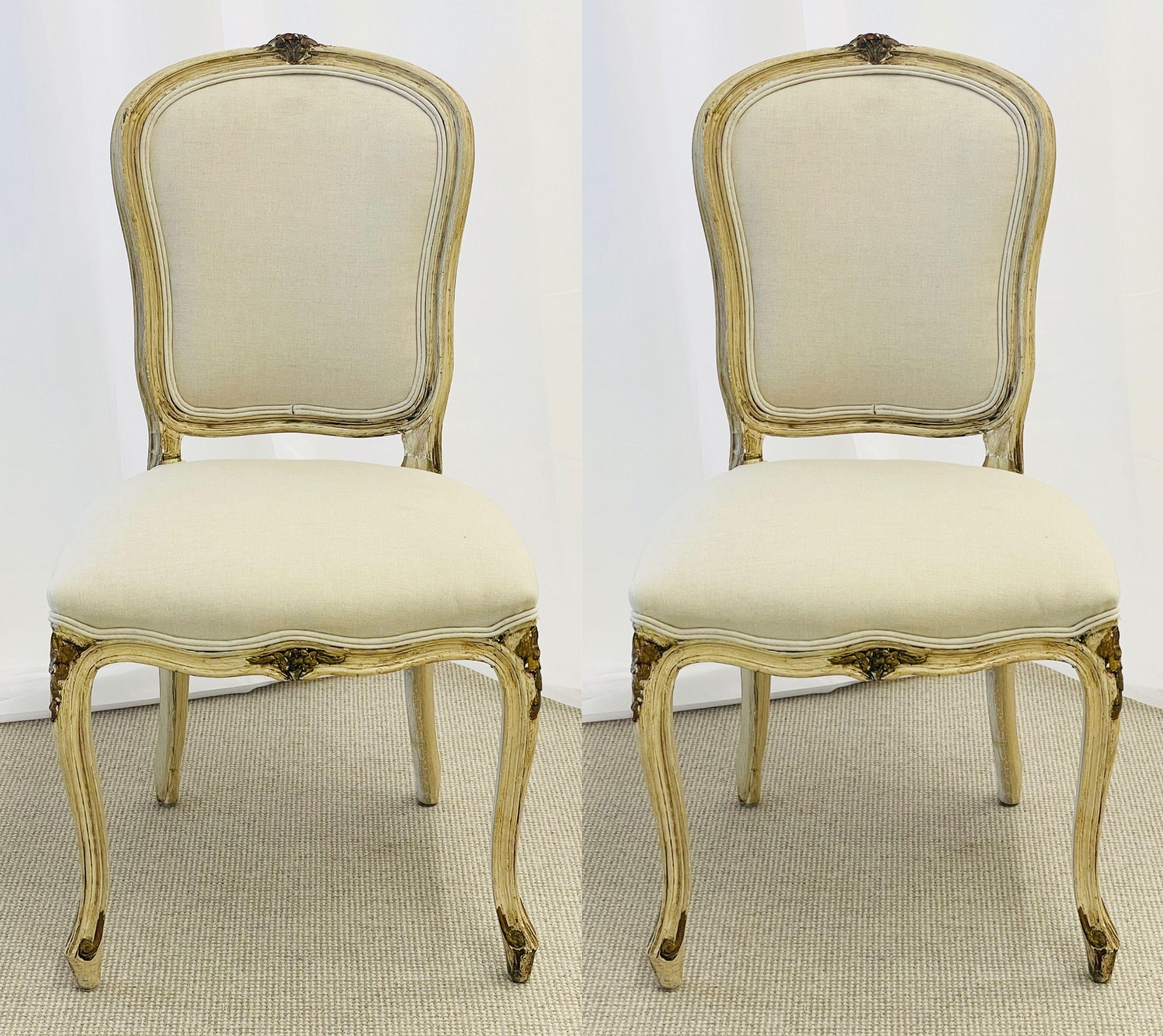 Maison Jansen, Gustavian, Dining Chairs, Ivory Painted Wood, White Fabric, 1940s For Sale 2