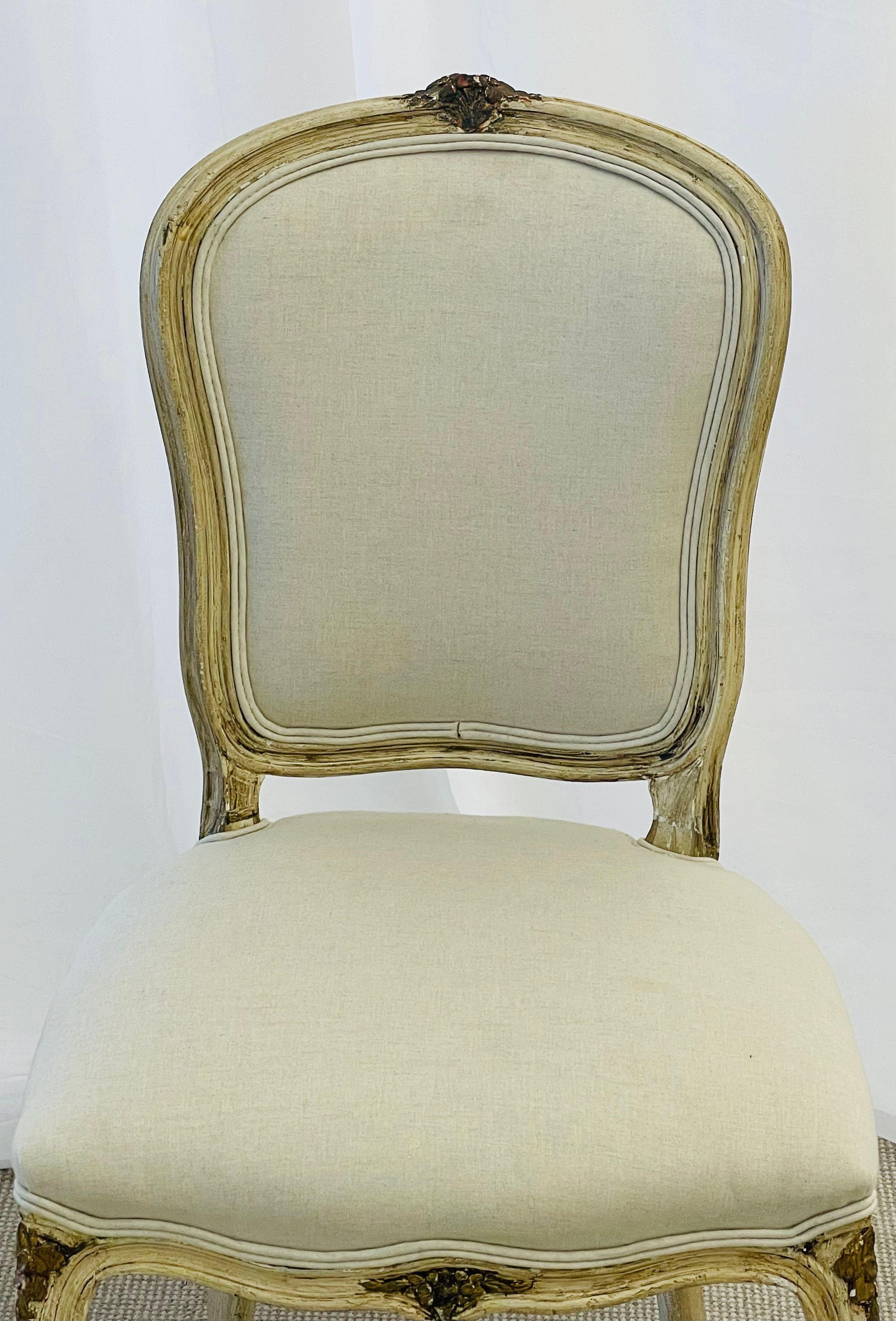 Maison Jansen, Gustavian, Dining Chairs, Ivory Painted Wood, White Fabric, 1940s For Sale 3