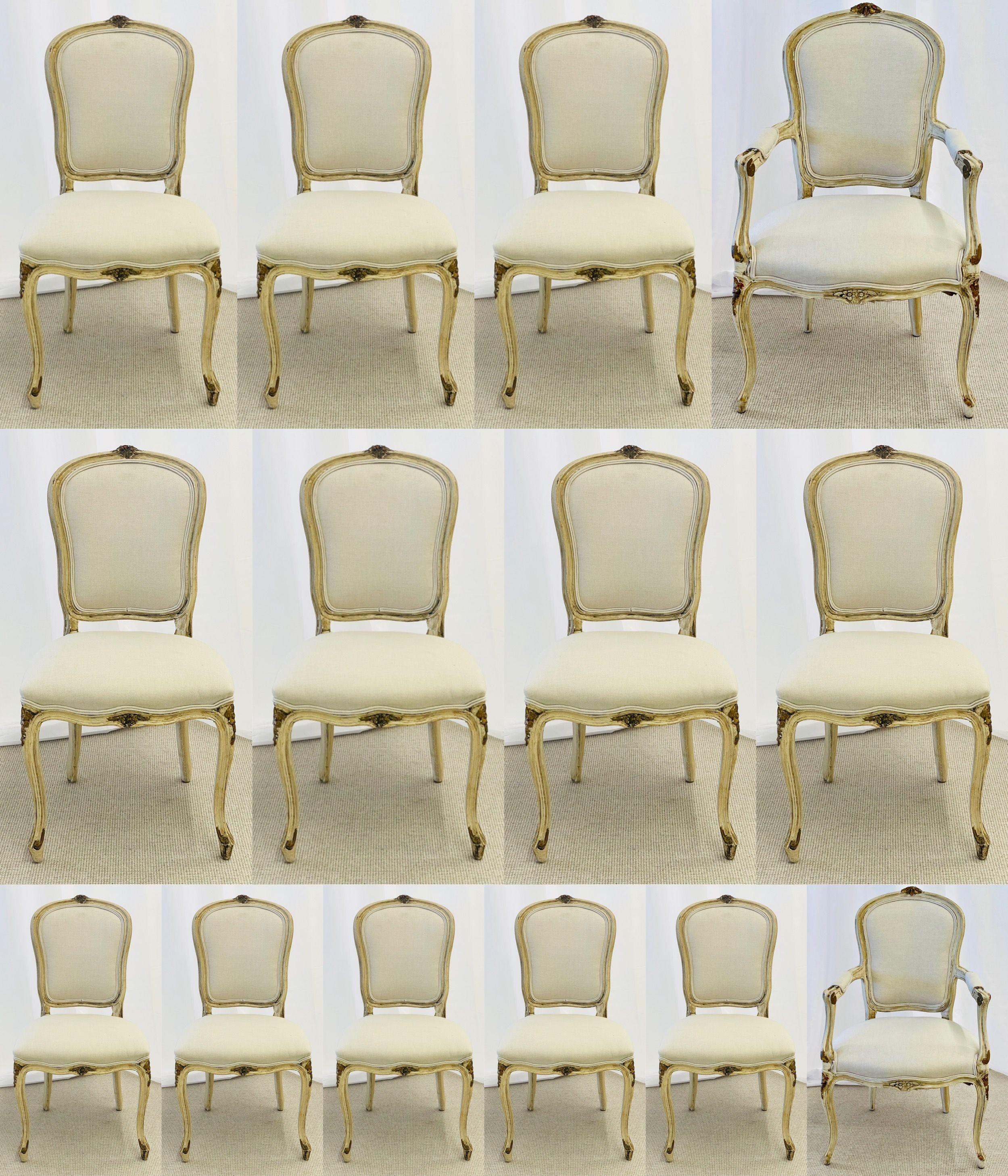 Maison Jansen, Gustavian, Dining Chairs, Ivory Painted Wood, White Fabric, 1940s For Sale 4