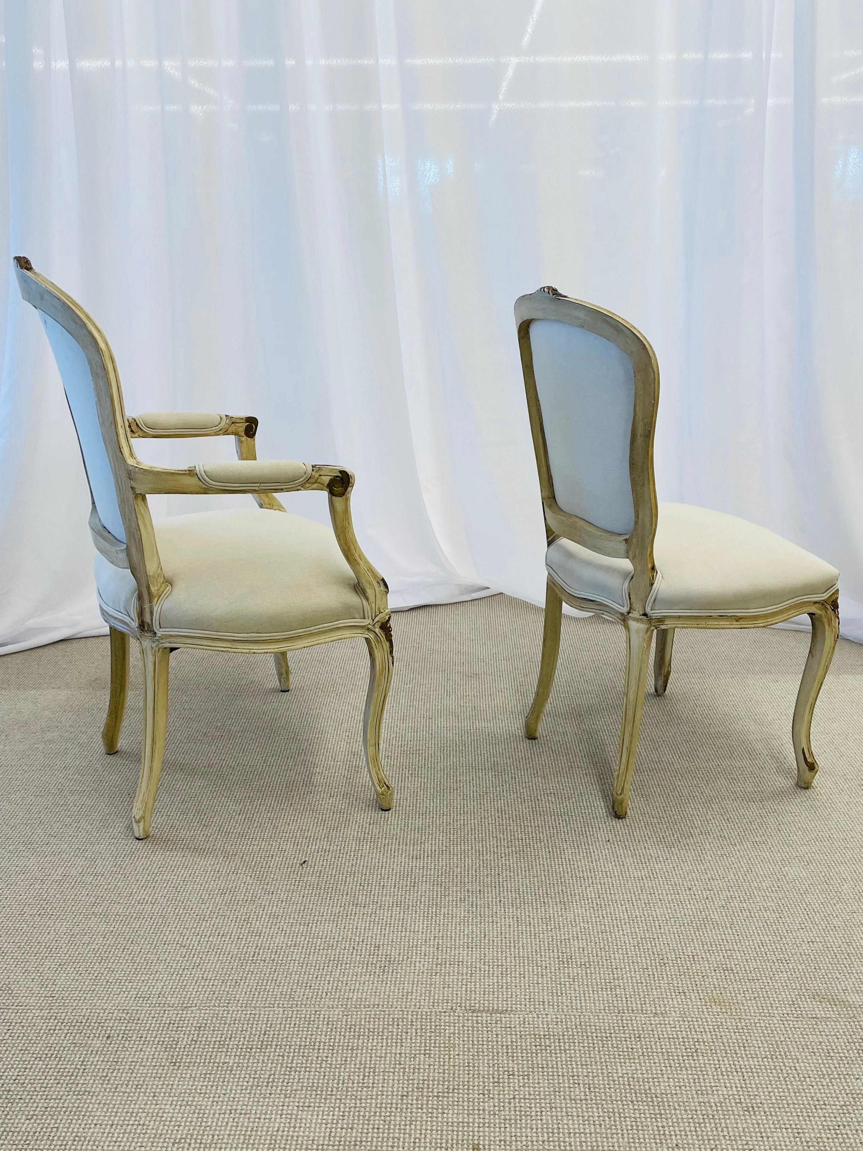 Maison Jansen, Gustavian, Dining Chairs, Ivory Painted Wood, White Fabric, 1940s For Sale 5