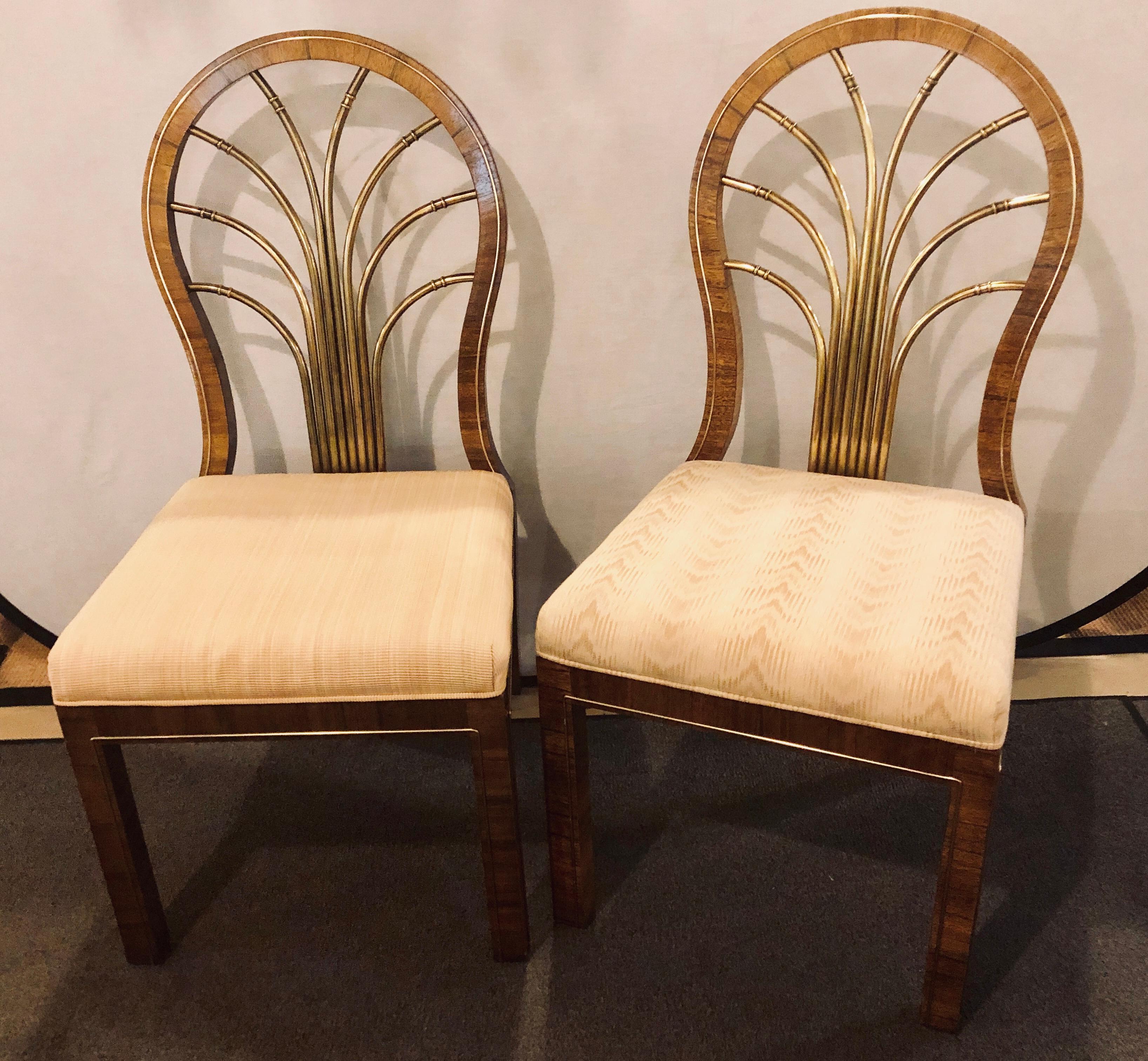 Set of 14 Mid-Century Modern Master-Craft Bronze Mounted Burl wood Dining Chairs. A Fine custom quality set of fourteen dining chairs. Many bearing the Master-Craft label. Each with a center backrest of bronze bamboo form with rounded burl-wood