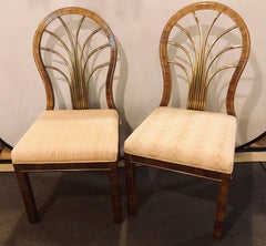 Set of 14 Mid-Century Modern Master-Craft Bronze Mounted Burl Wood Dining Chair
