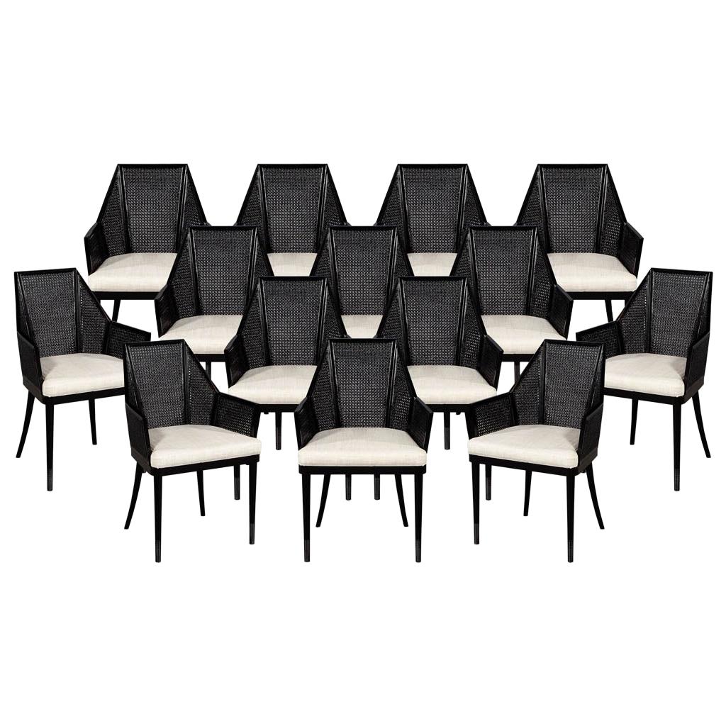 Set of 14 Modern Black Cane Dining Chairs by Baker Kara Man