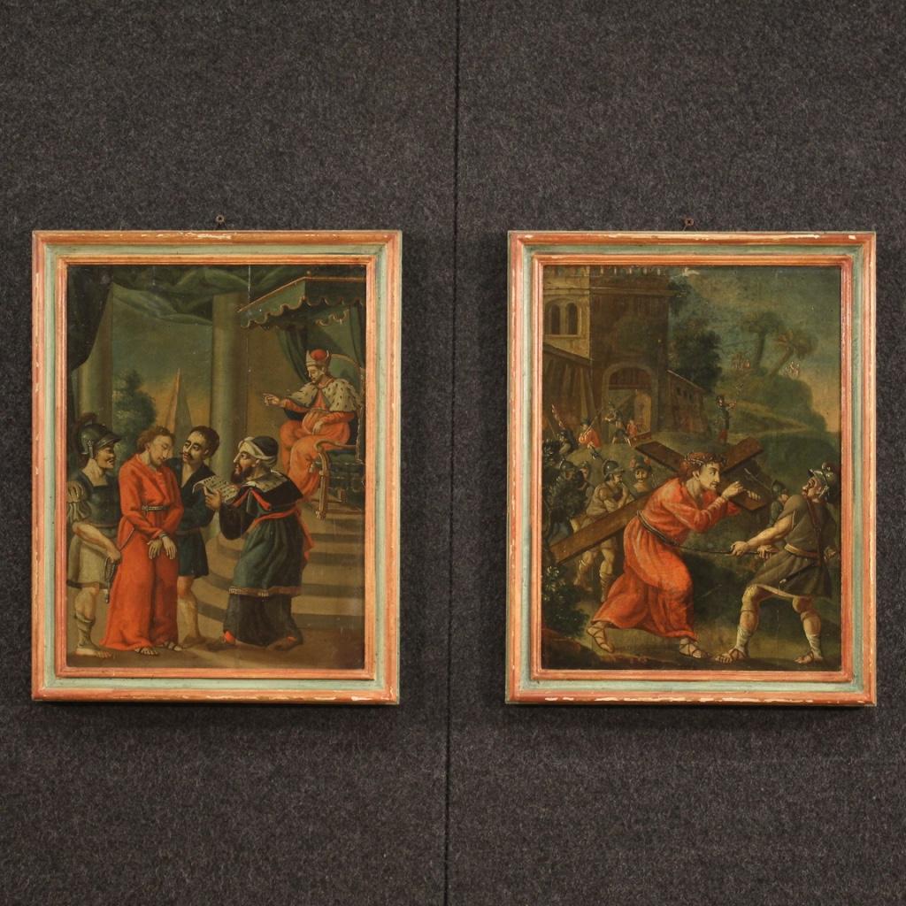 Set of 14 Oil on Panel Antique Italian Religious Paintings Way of the Cross 1770 In Good Condition In Vicoforte, Piedmont