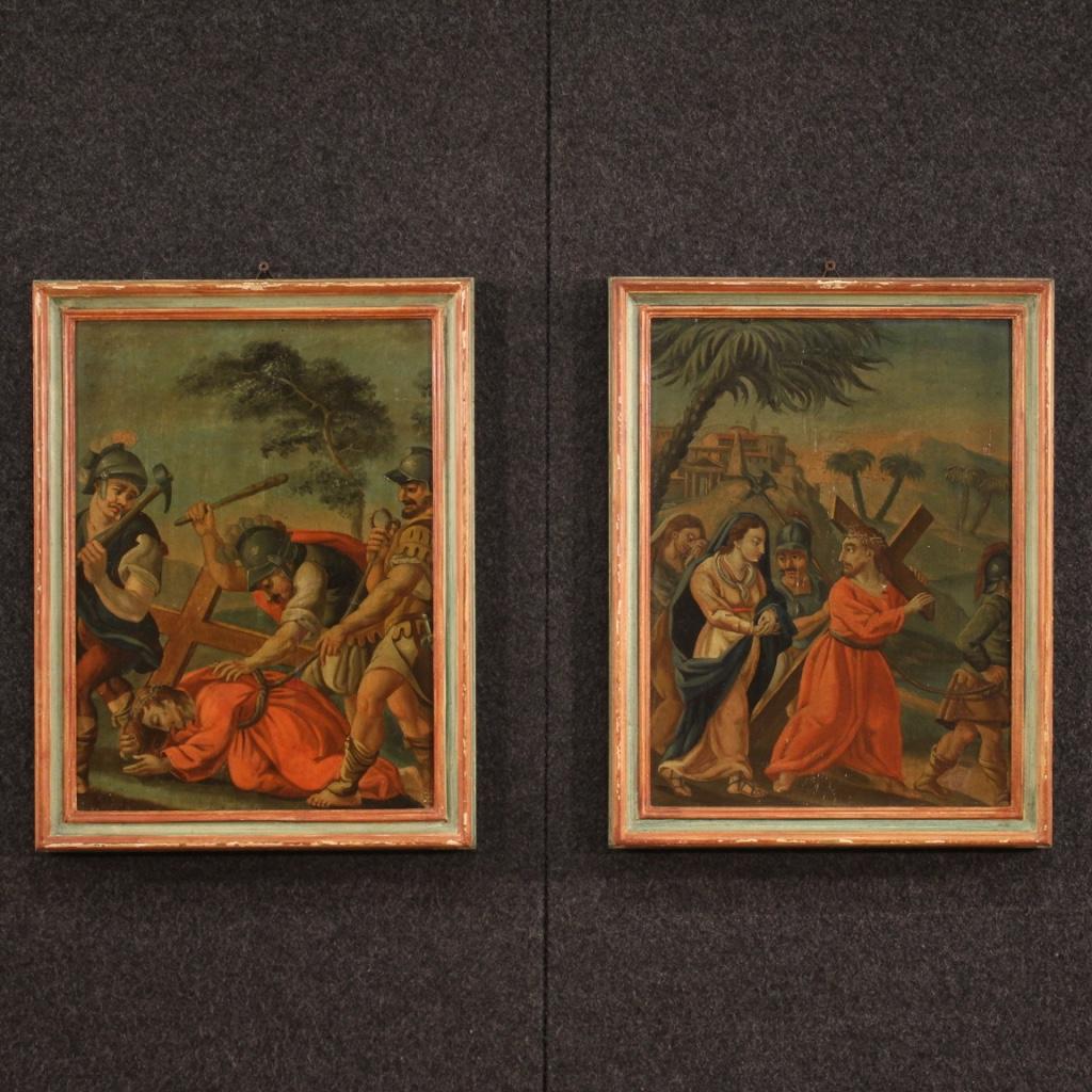 18th Century Set of 14 Oil on Panel Antique Italian Religious Paintings Way of the Cross 1770