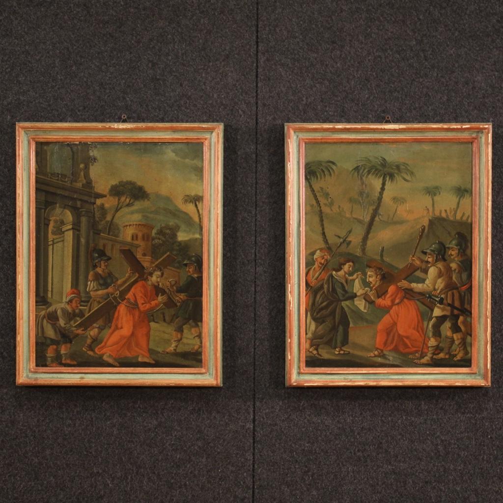 Wood Set of 14 Oil on Panel Antique Italian Religious Paintings Way of the Cross 1770