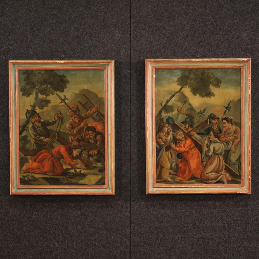 Set of 14 Oil on Panel Antique Italian Religious Paintings Way of the Cross 1770 1