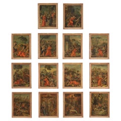 Set of 14 Oil on Panel Antique Italian Religious Paintings Way of the Cross 1770