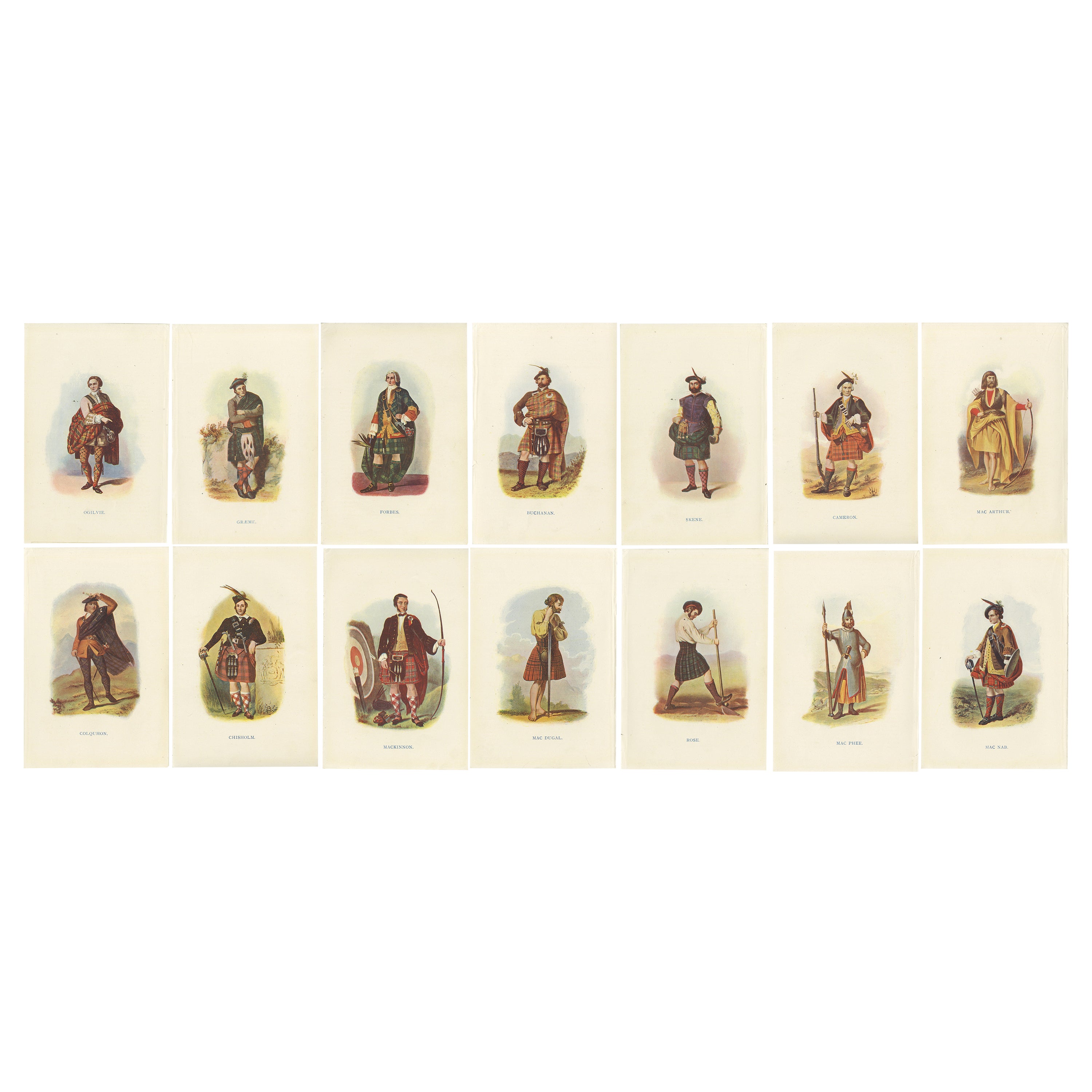 Set of 14 Original Antique Prints of Costumes of the Clans of Scotland