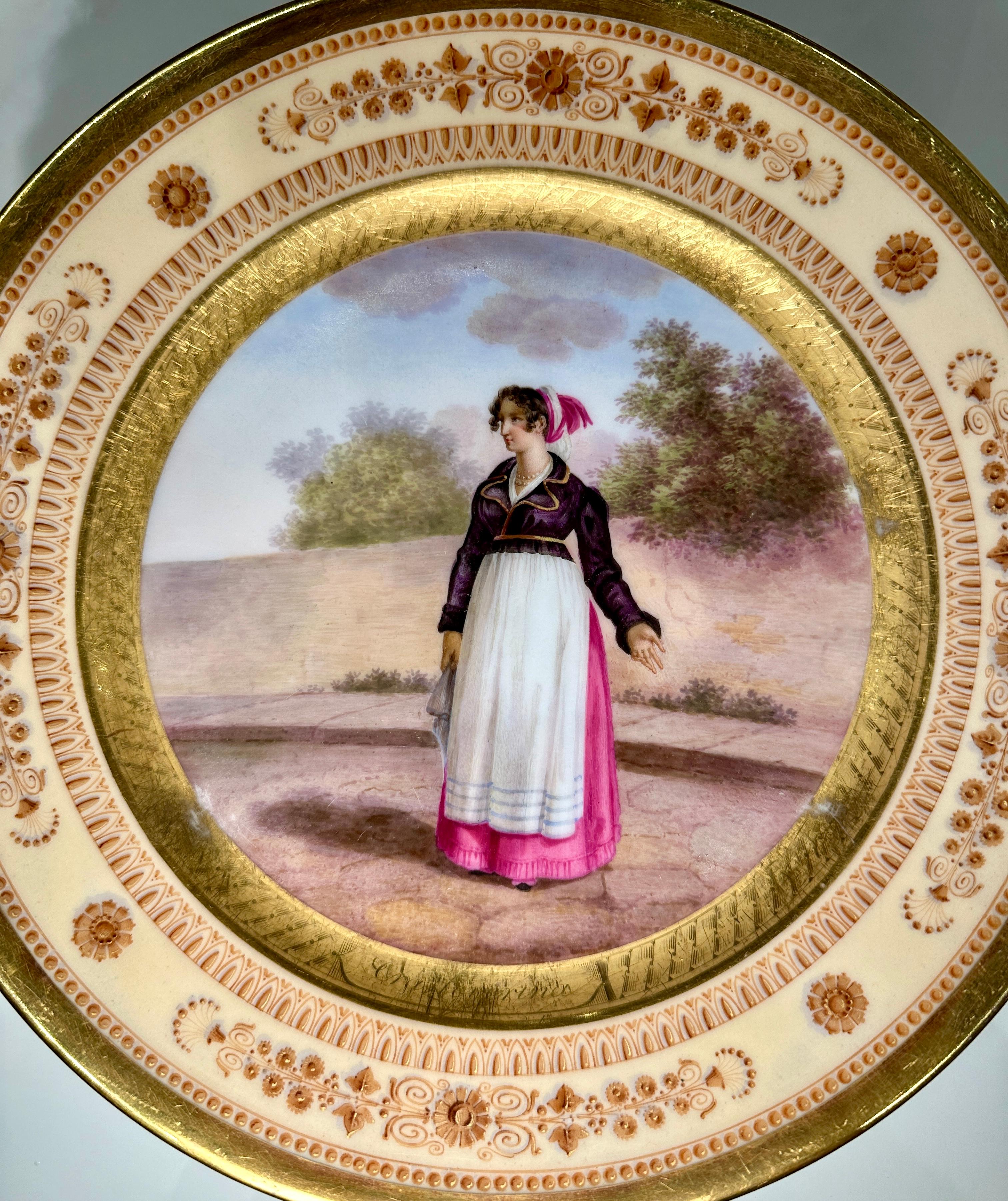 19th Century Set of 14 Paris Plates With Provincial Figures In Indigenous Dress, circa 1820