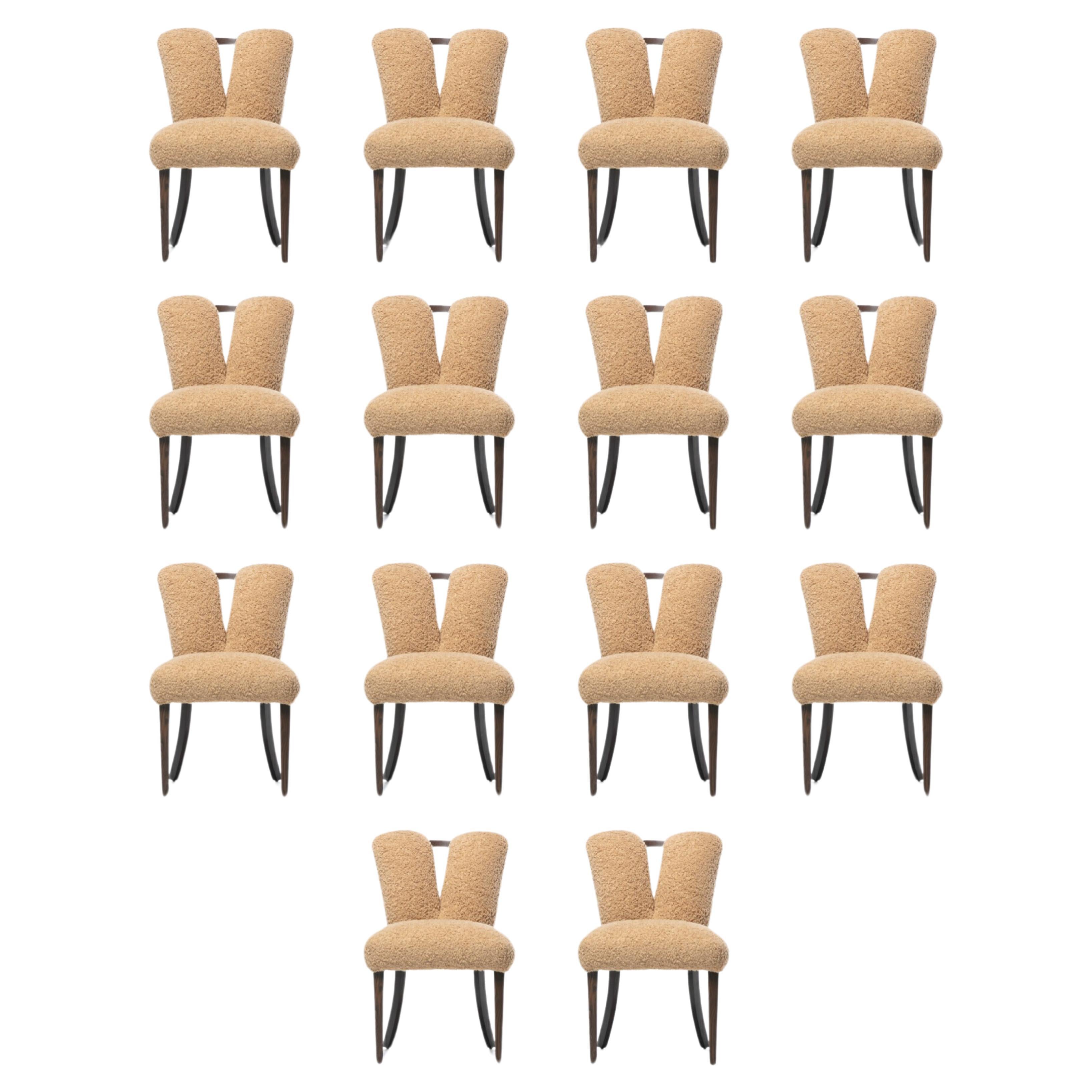 Set of 14 Paul Frankl Corset Oak Dining Chairs for Brown Saltman in Latte Bouclé For Sale