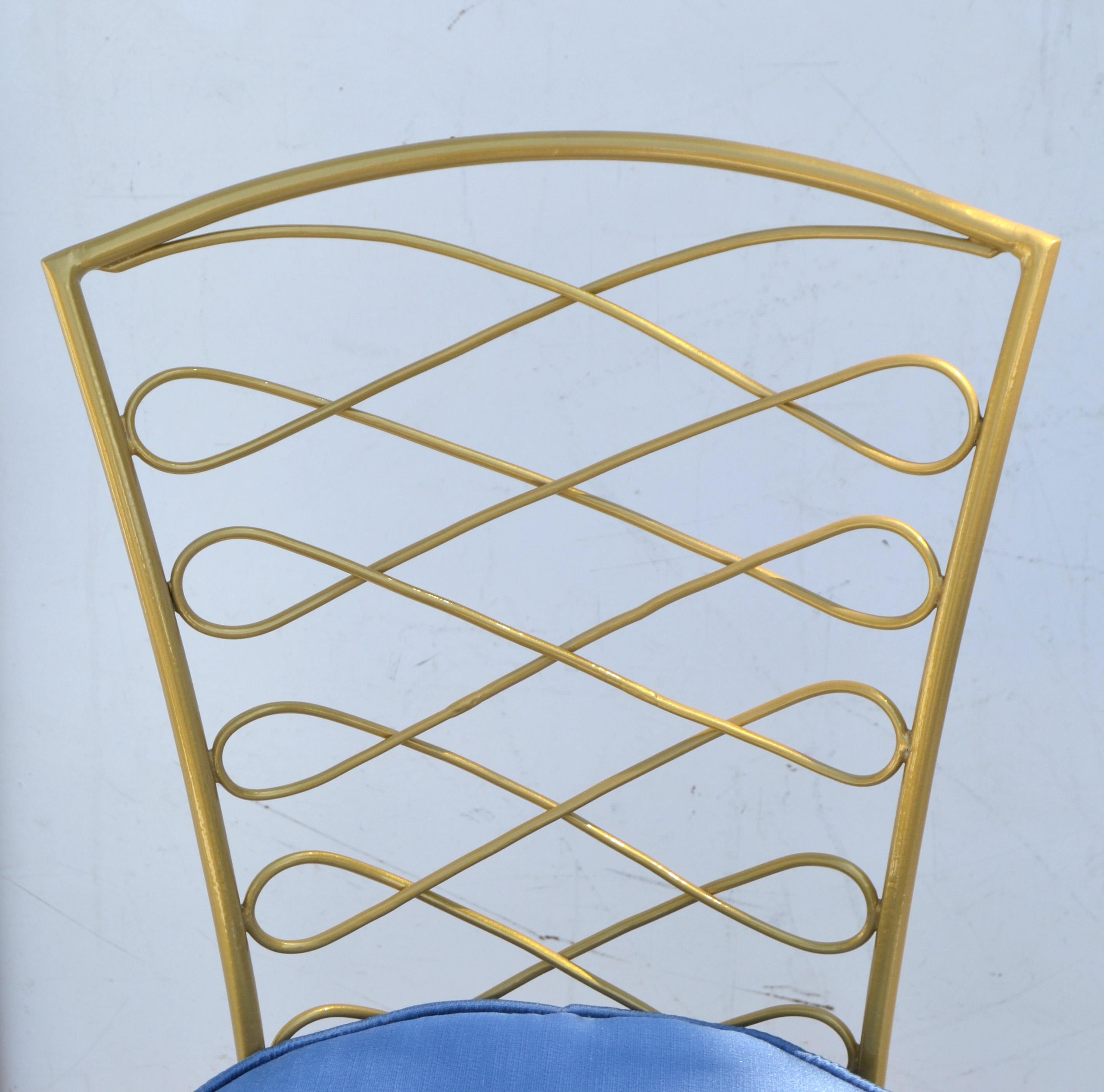 Set of 14 René Prou Art Deco Gold Wrought Iron Dining Room Chairs Blue Fabric  For Sale 7