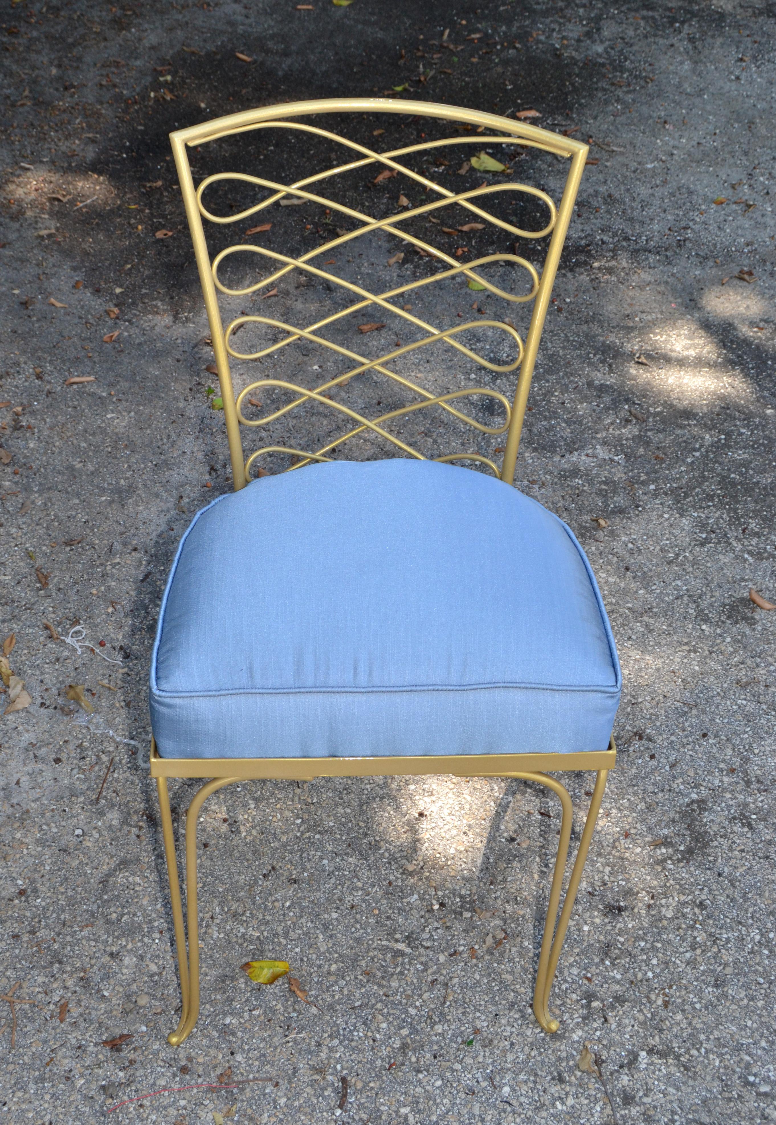 Set of 14 René Prou Art Deco Gold Wrought Iron Dining Room Chairs Blue Fabric  For Sale 8