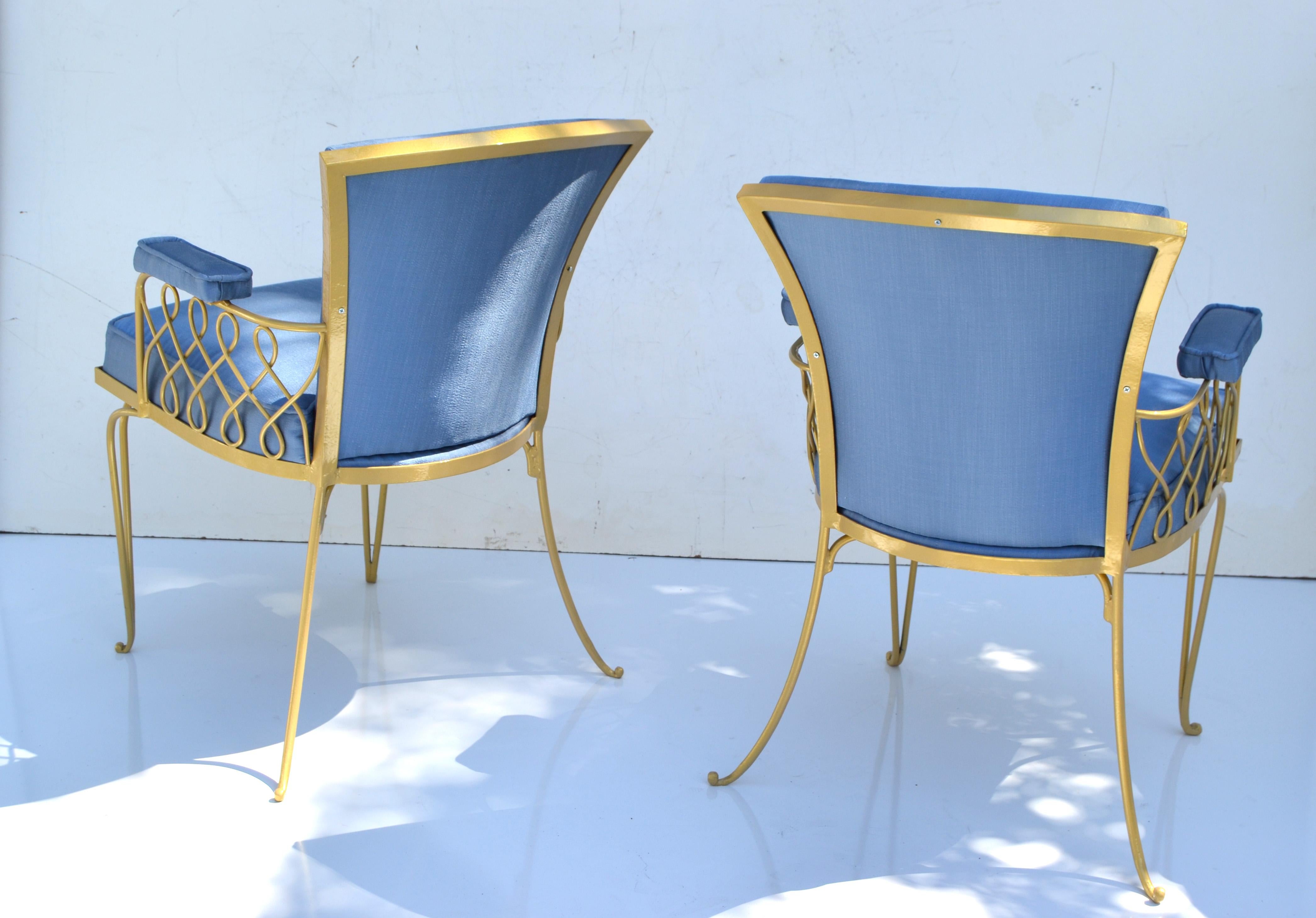 Set of 14 René Prou Art Deco Gold Wrought Iron Dining Room Chairs Blue Fabric  For Sale 10