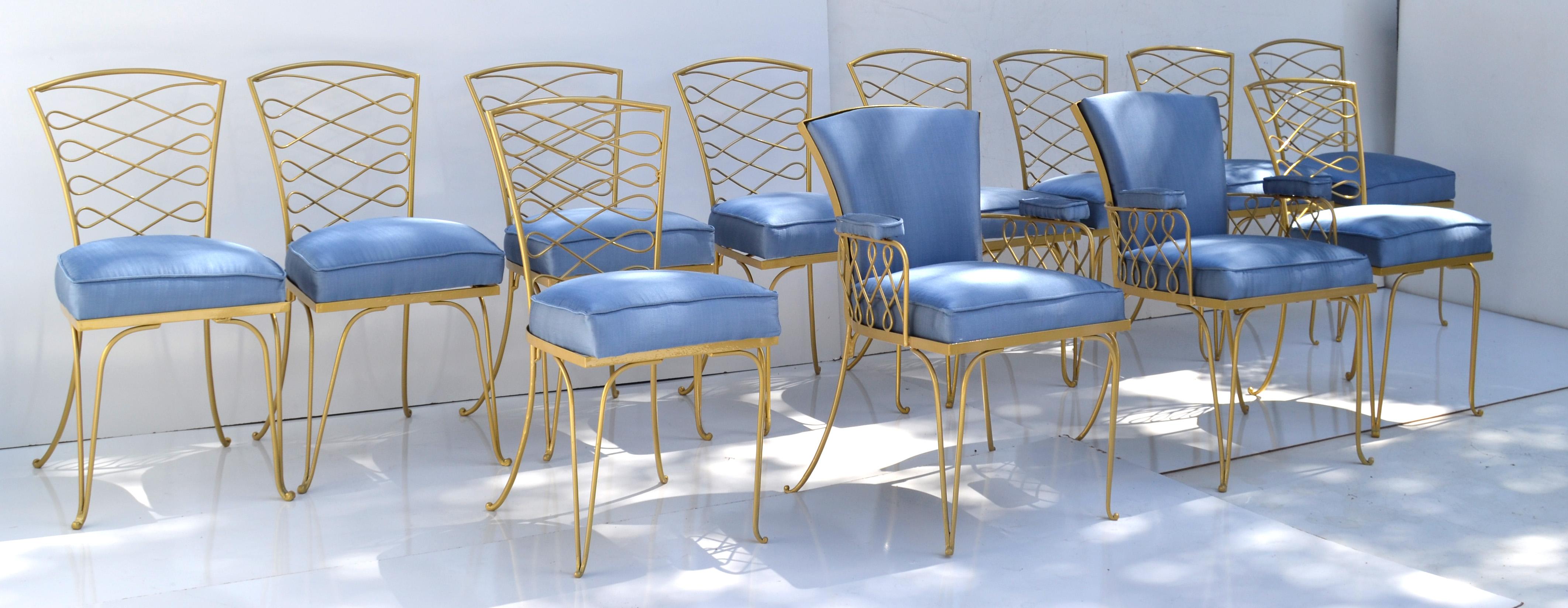 Set of 14 René Prou Art Deco Gold Wrought Iron Dining Room Chairs Blue Fabric  For Sale 11