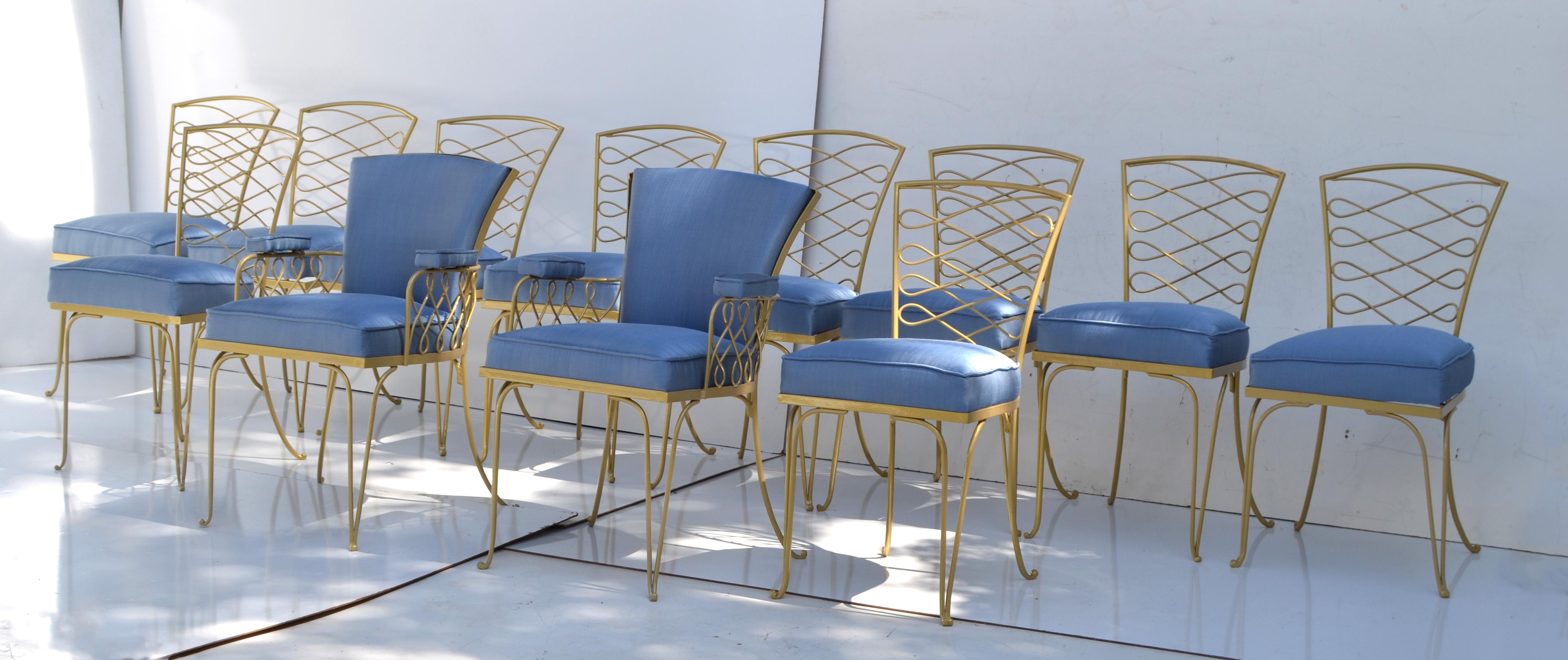 Set of 14 René Prou Art Deco Gold Wrought Iron Dining Room Chairs Blue Fabric  For Sale 12