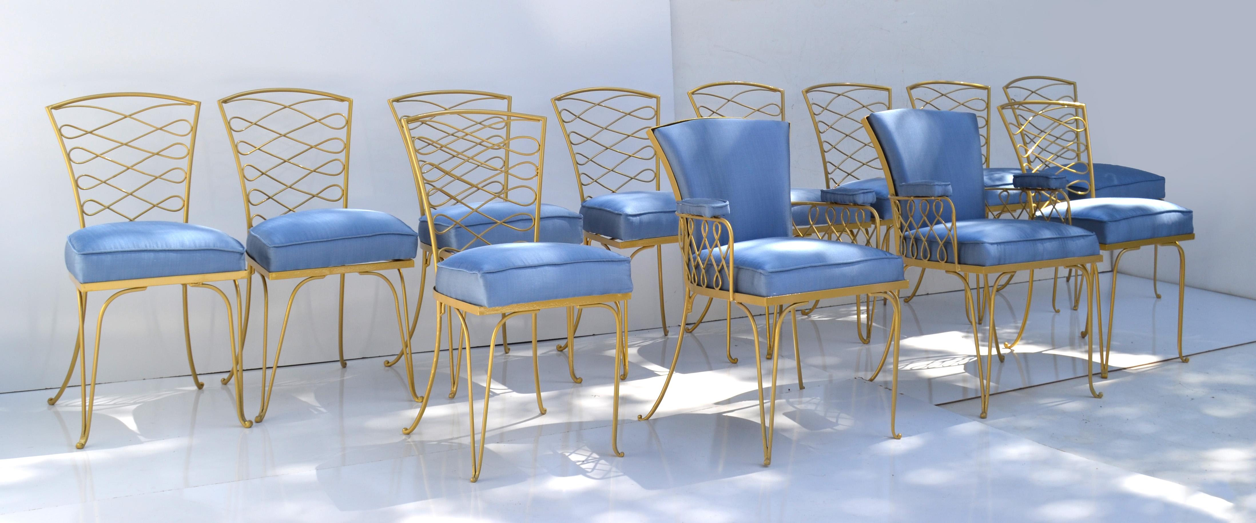 French Set of 14 René Prou Art Deco Gold Wrought Iron Dining Room Chairs Blue Fabric  For Sale