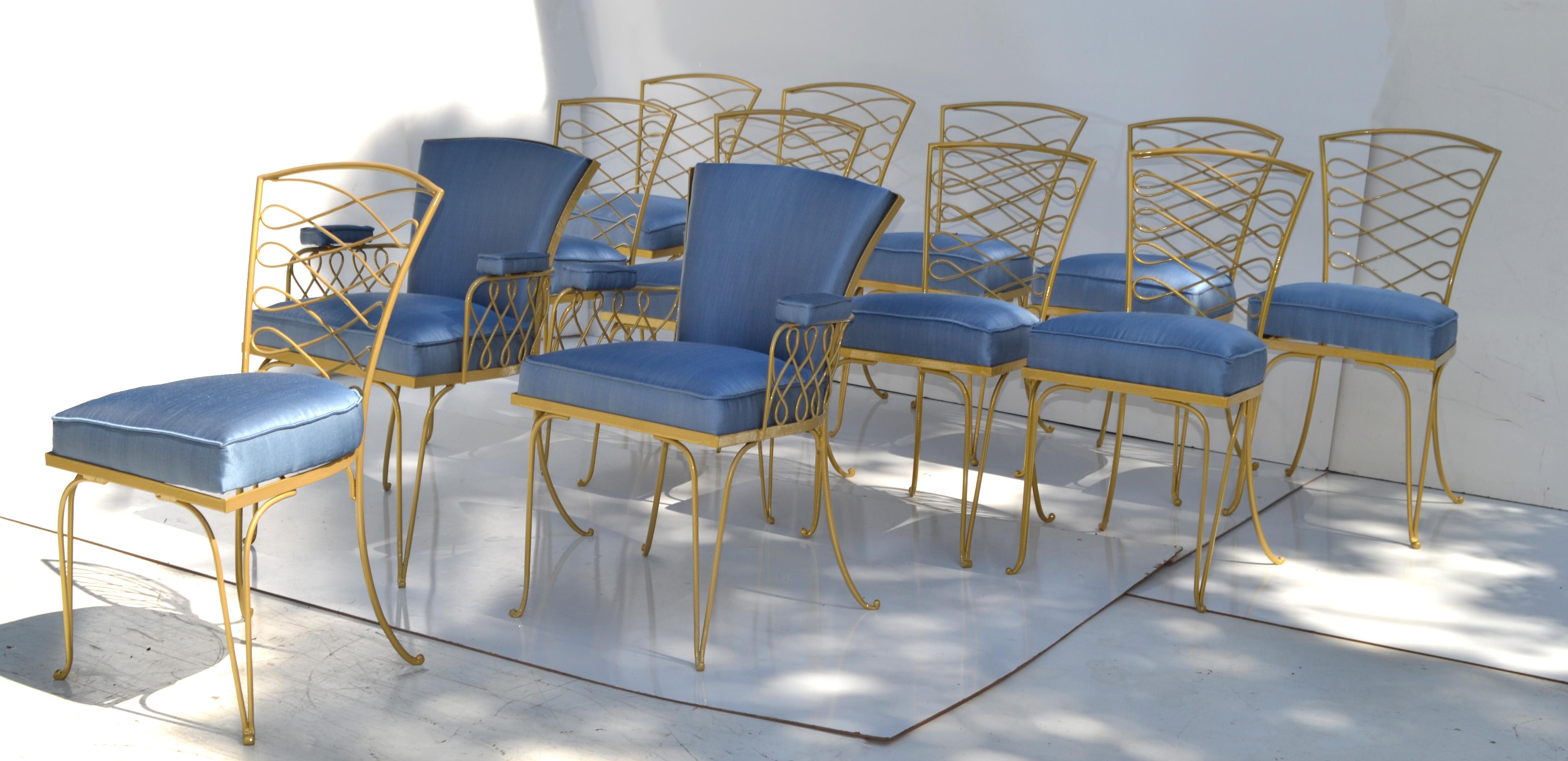 Hand-Crafted Set of 14 René Prou Art Deco Gold Wrought Iron Dining Room Chairs Blue Fabric  For Sale