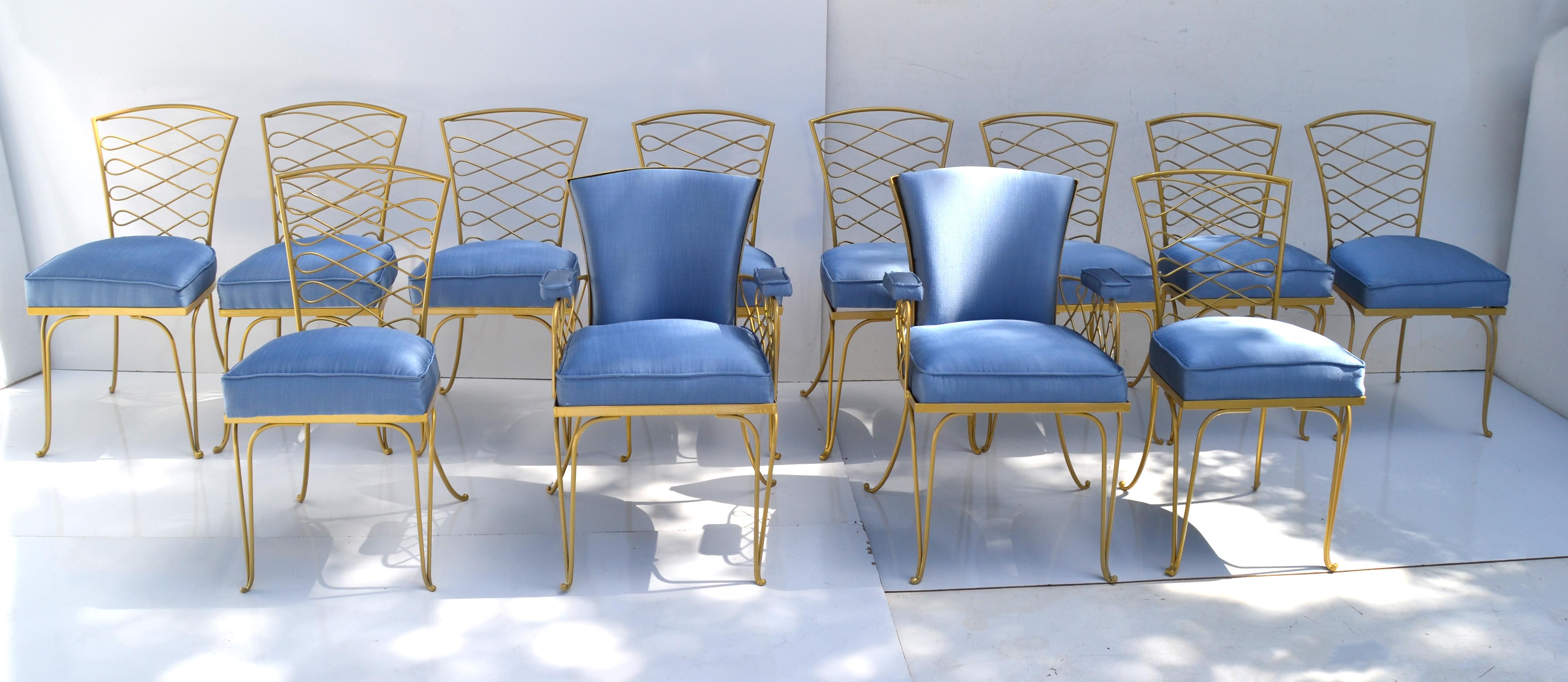 Set von 14 Ren Prou Art Deco Gold Schmiedeeisen-Esszimmerstühlen Blauer Stoff  (Handgefertigt) im Angebot