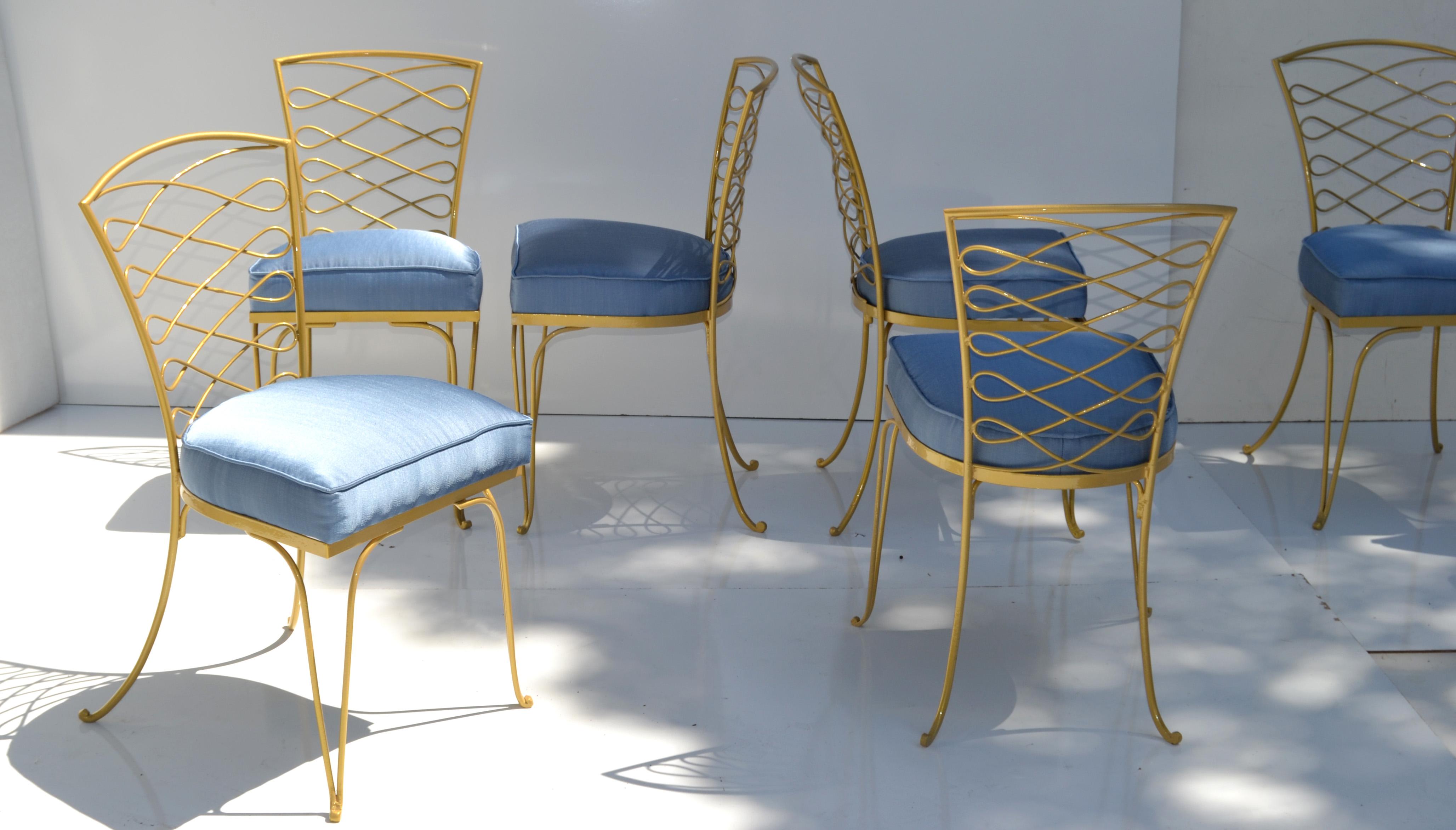 Mid-20th Century Set of 14 René Prou Art Deco Gold Wrought Iron Dining Room Chairs Blue Fabric  For Sale