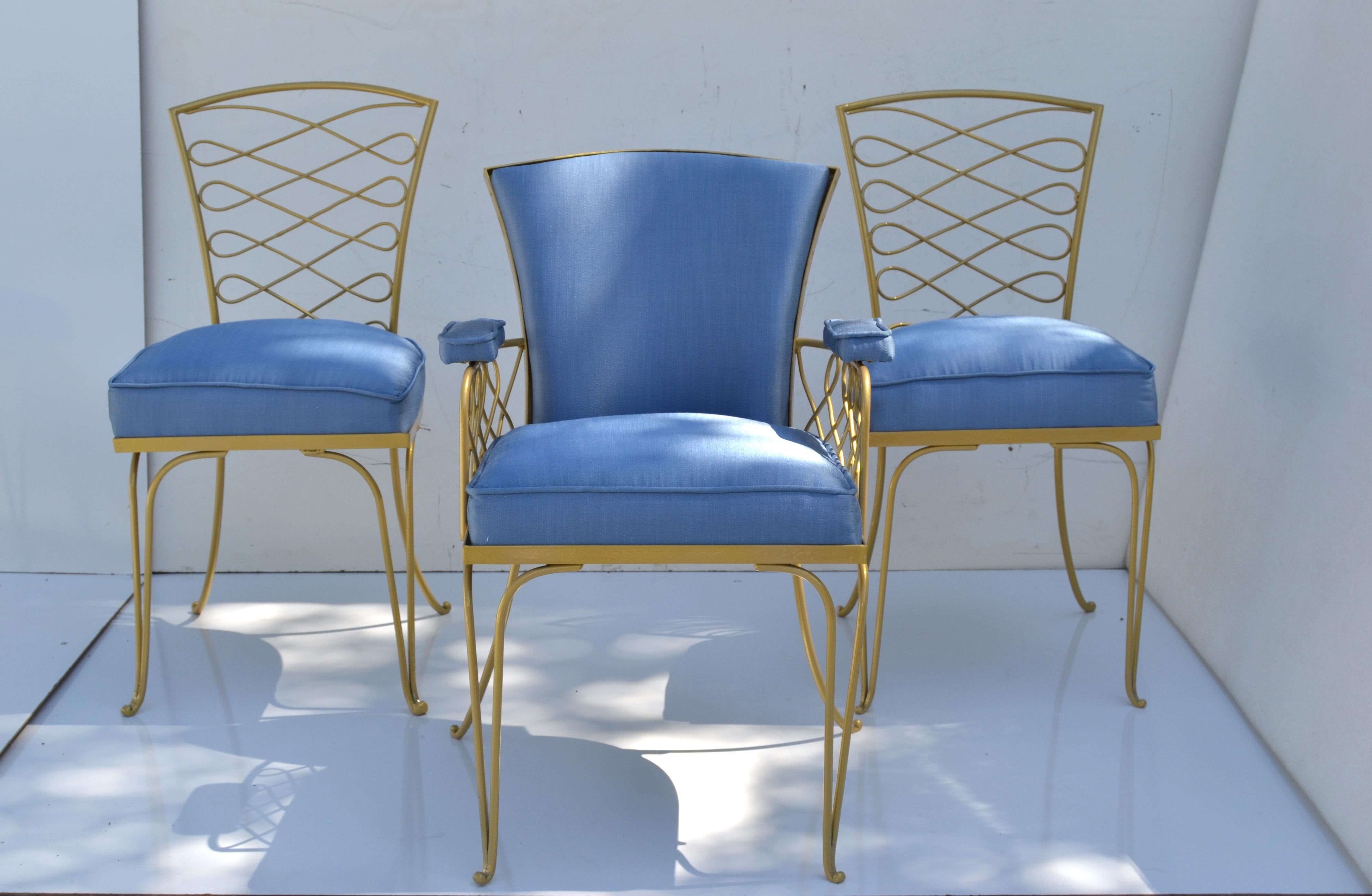 Set von 14 Ren Prou Art Deco Gold Schmiedeeisen-Esszimmerstühlen Blauer Stoff  (Mitte des 20. Jahrhunderts) im Angebot