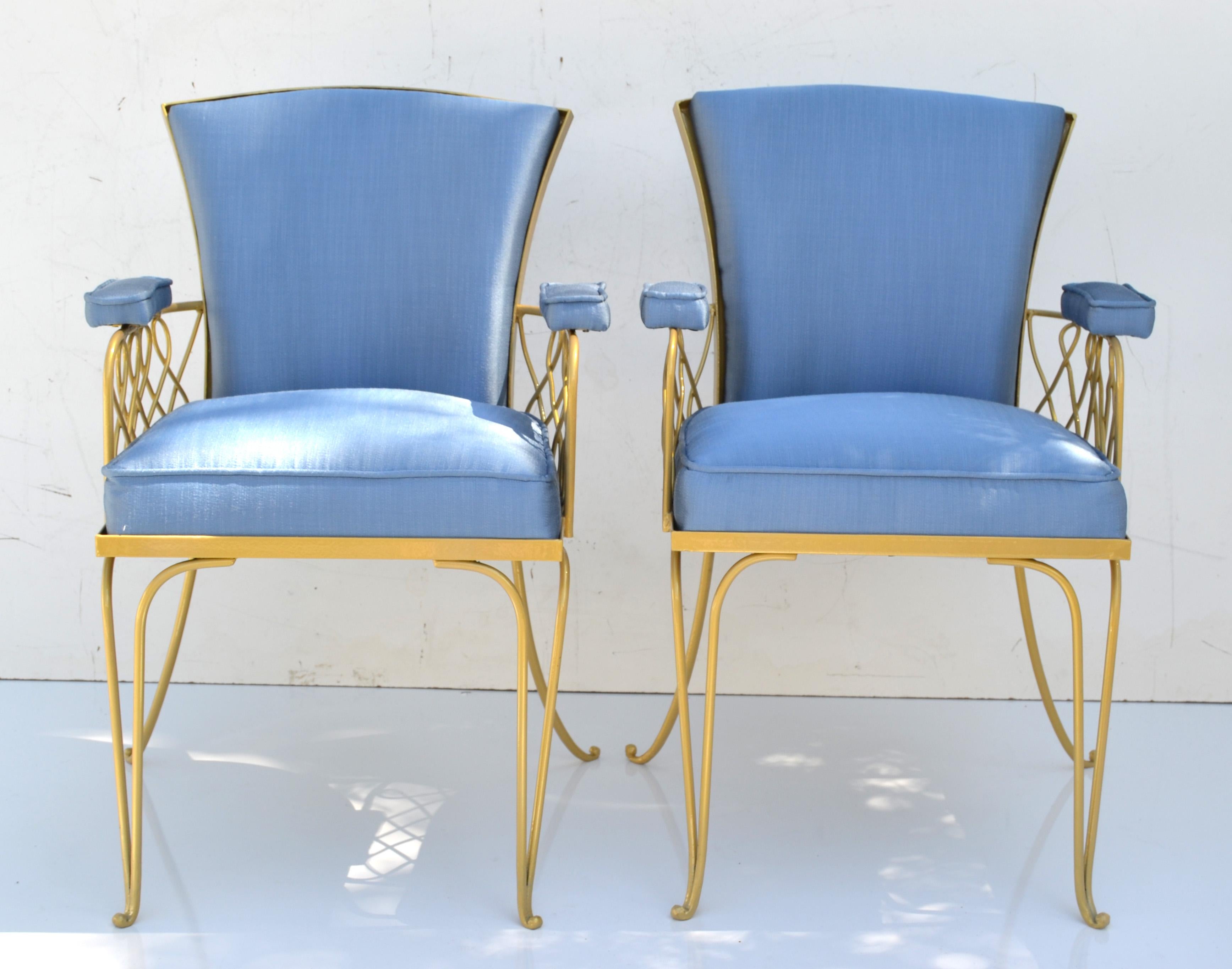 Set of 14 René Prou Art Deco Gold Wrought Iron Dining Room Chairs Blue Fabric  For Sale 2