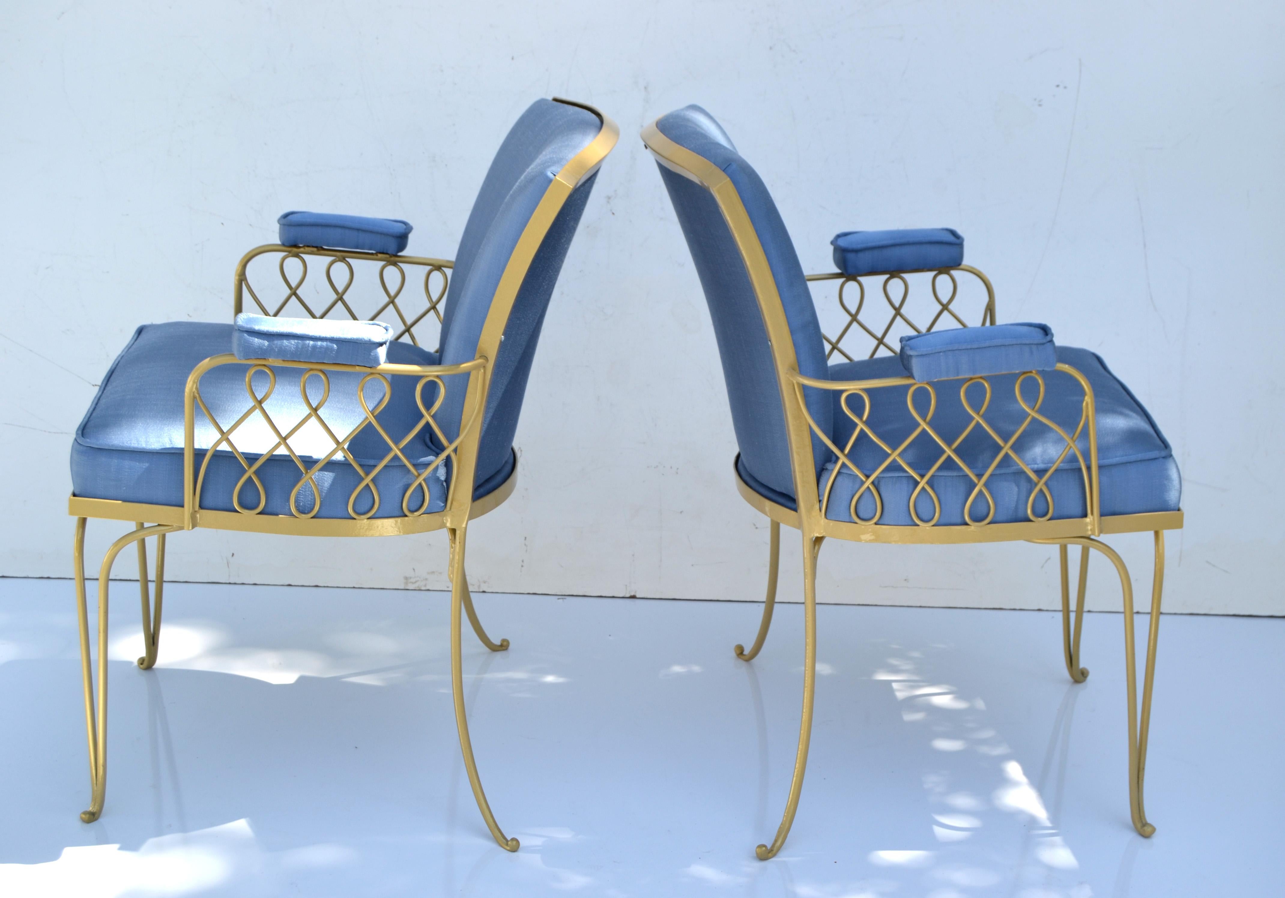 Set of 14 René Prou Art Deco Gold Wrought Iron Dining Room Chairs Blue Fabric  For Sale 3