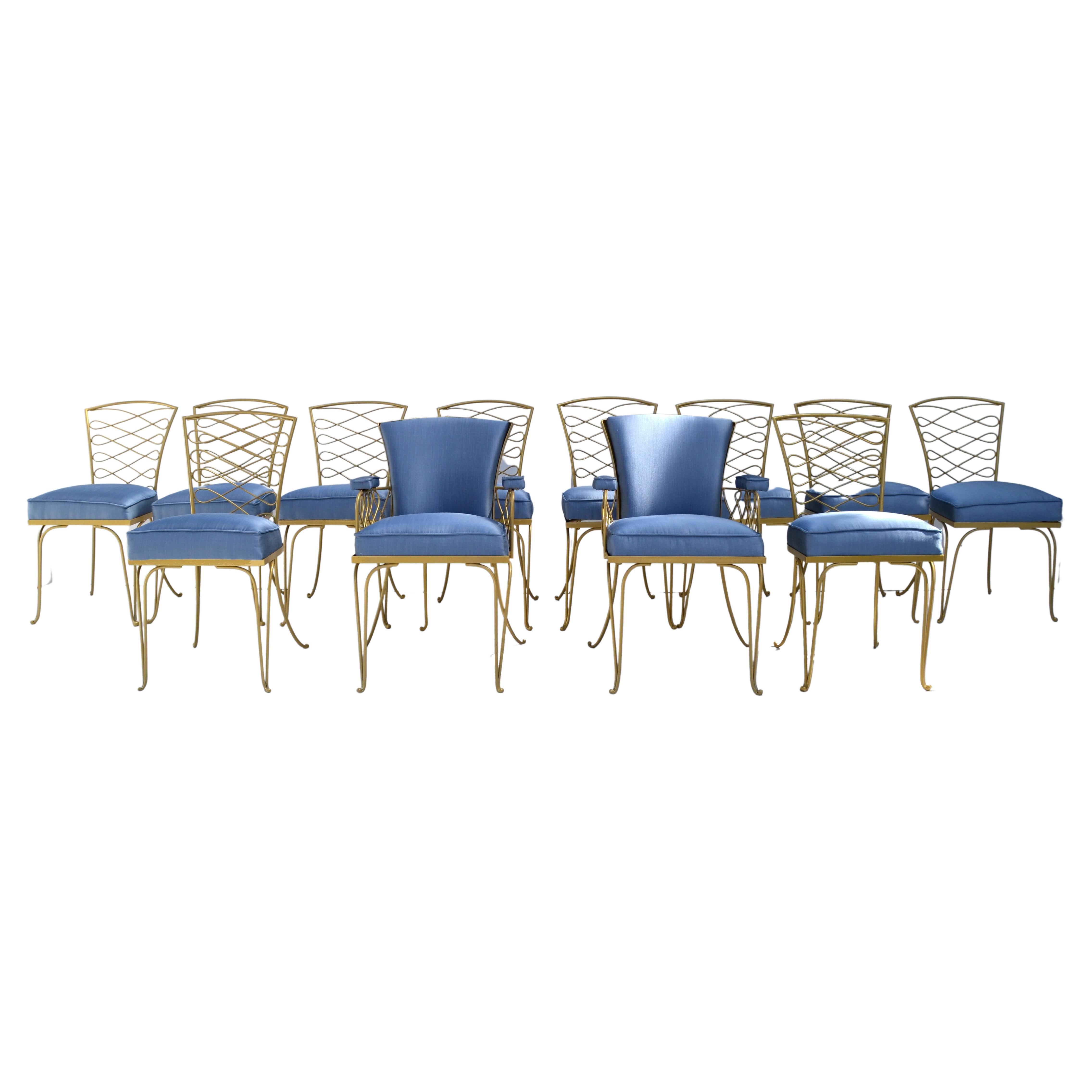Set of 14 René Prou Art Deco Gold Wrought Iron Dining Room Chairs Blue Fabric For Sale