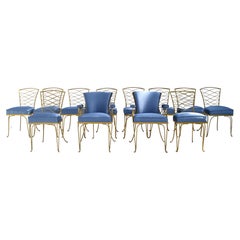 Set of 14 René Prou Art Deco Gold Wrought Iron Dining Room Chairs Blue Fabric 