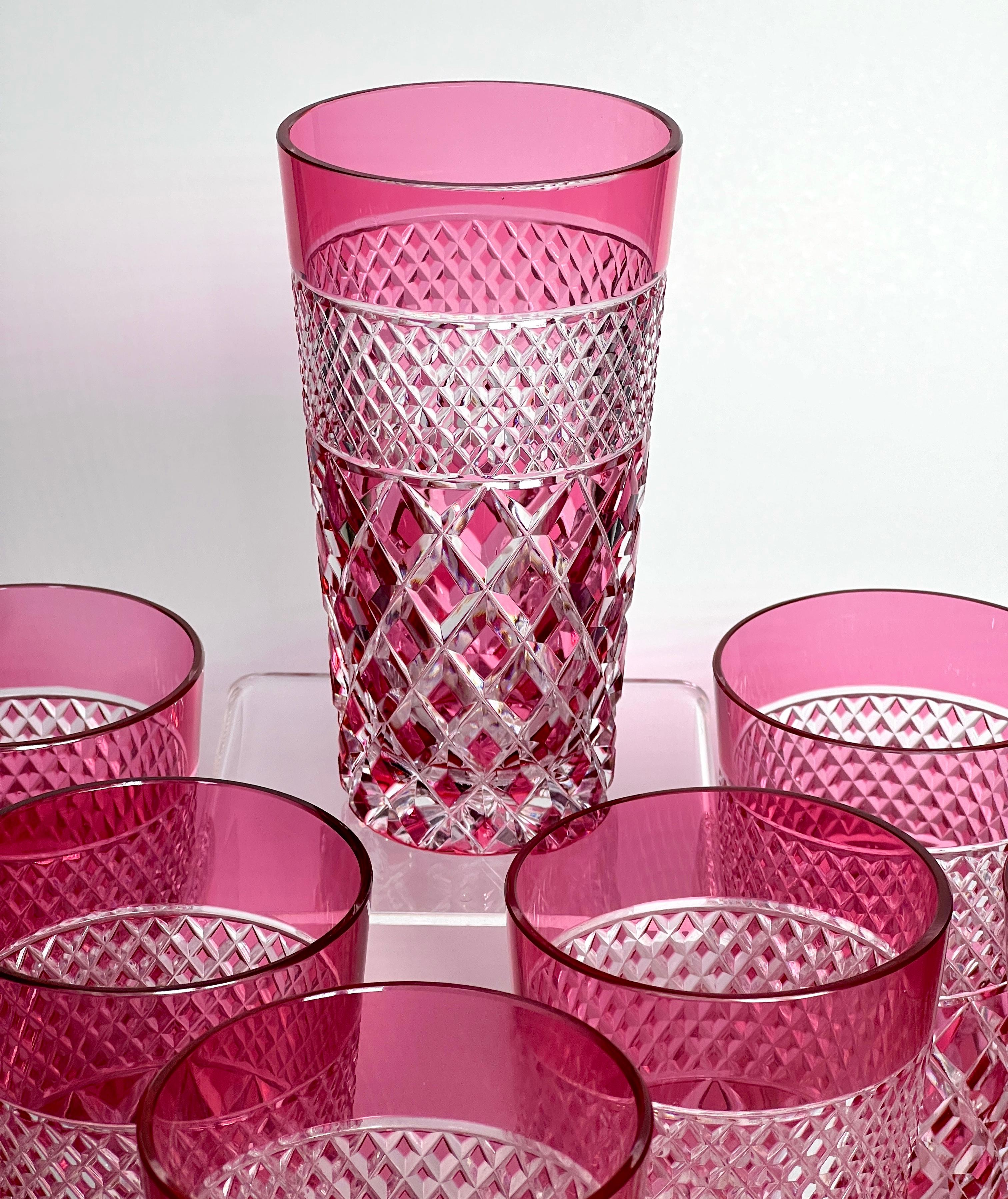 French Set of 14 Saint Louis Cranberry Overlay Cut to Clear Crystal Tumblers For Sale