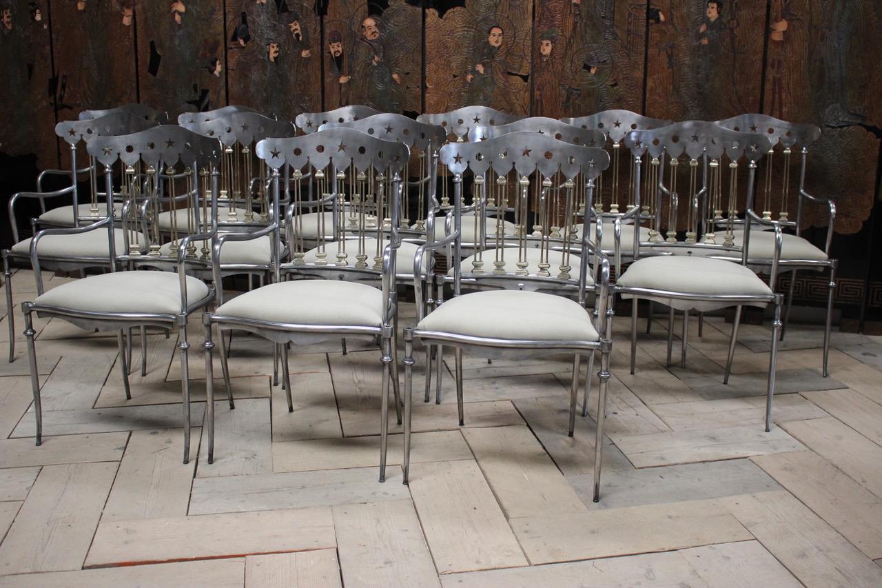 Set of 14 Spanish Steel and Brass Dining Chairs 6