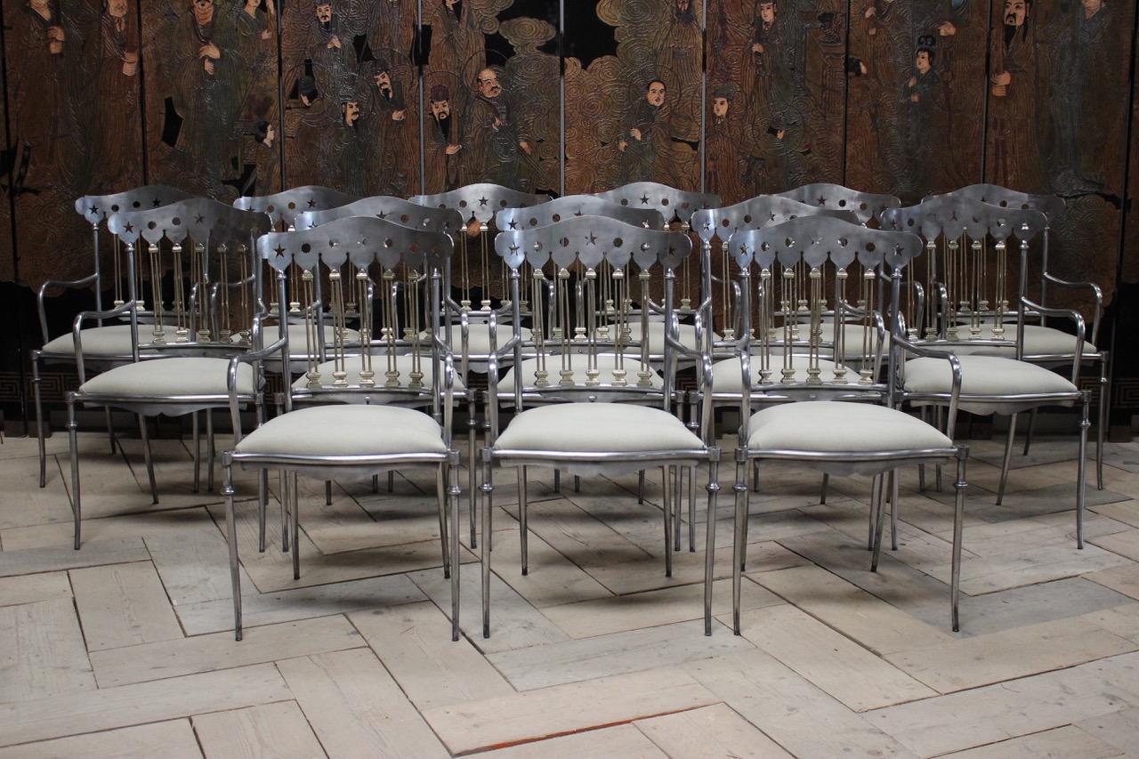 Set of 14 Spanish Steel and Brass Dining Chairs 3