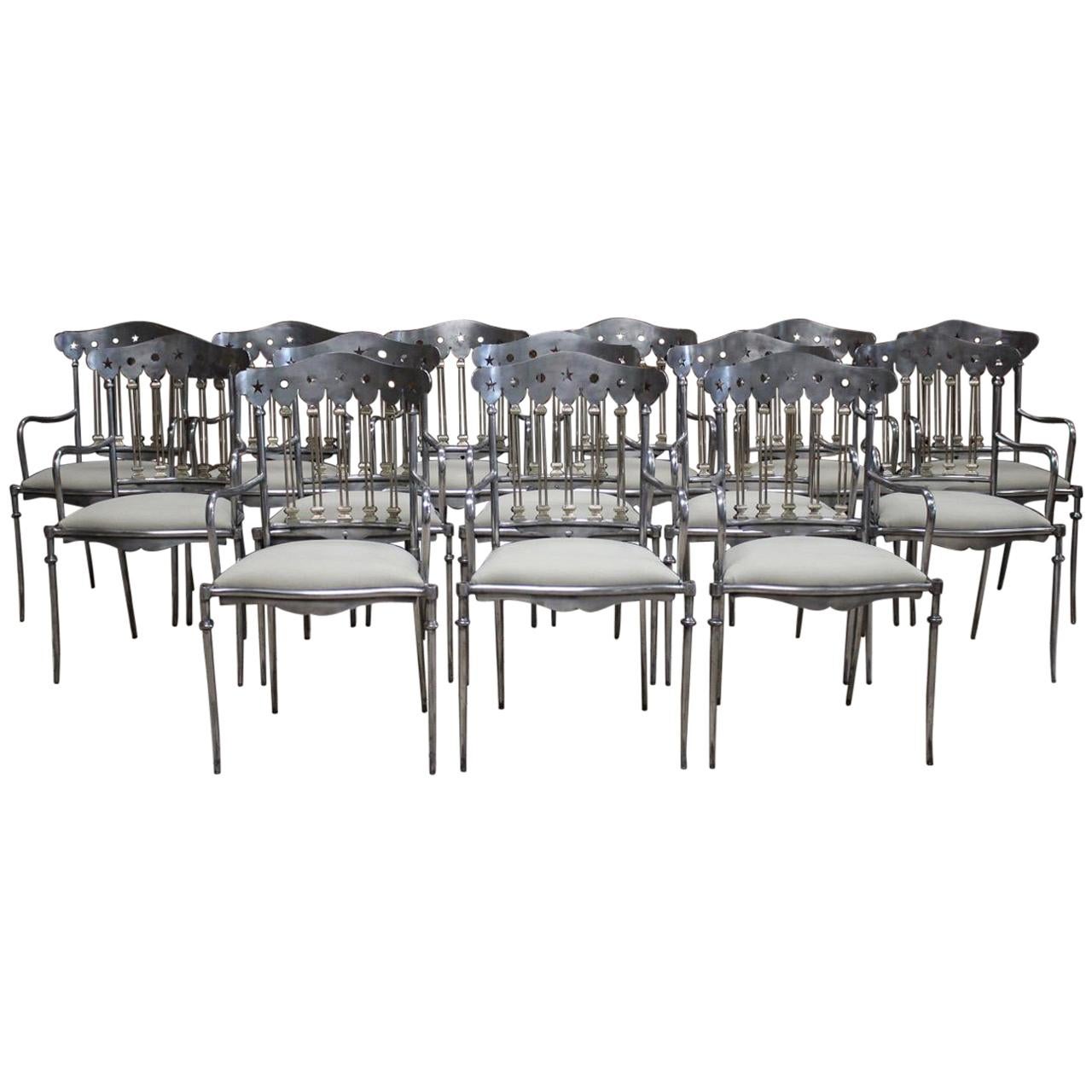Set of 14 Spanish Steel and Brass Dining Chairs