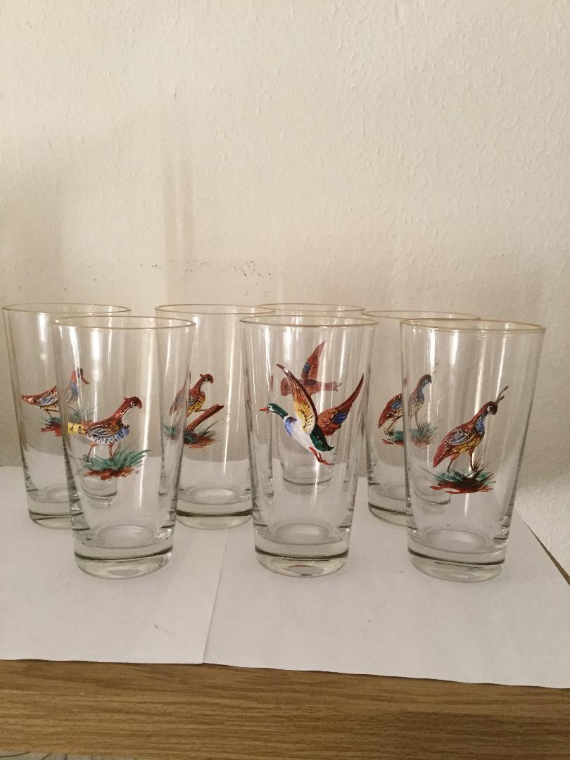 Hollywood Regency Set of 14 Tall Highball or Water Bar Glasses with Enameled Birds