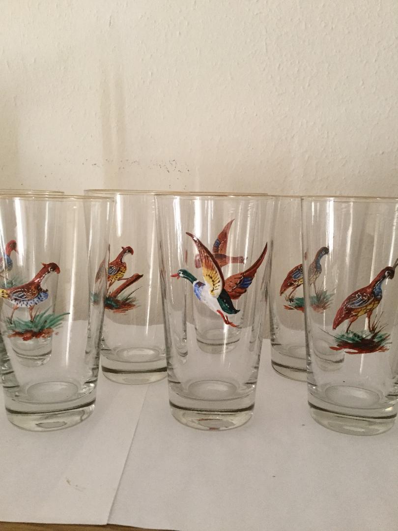 European Set of 14 Tall Highball or Water Bar Glasses with Enameled Birds
