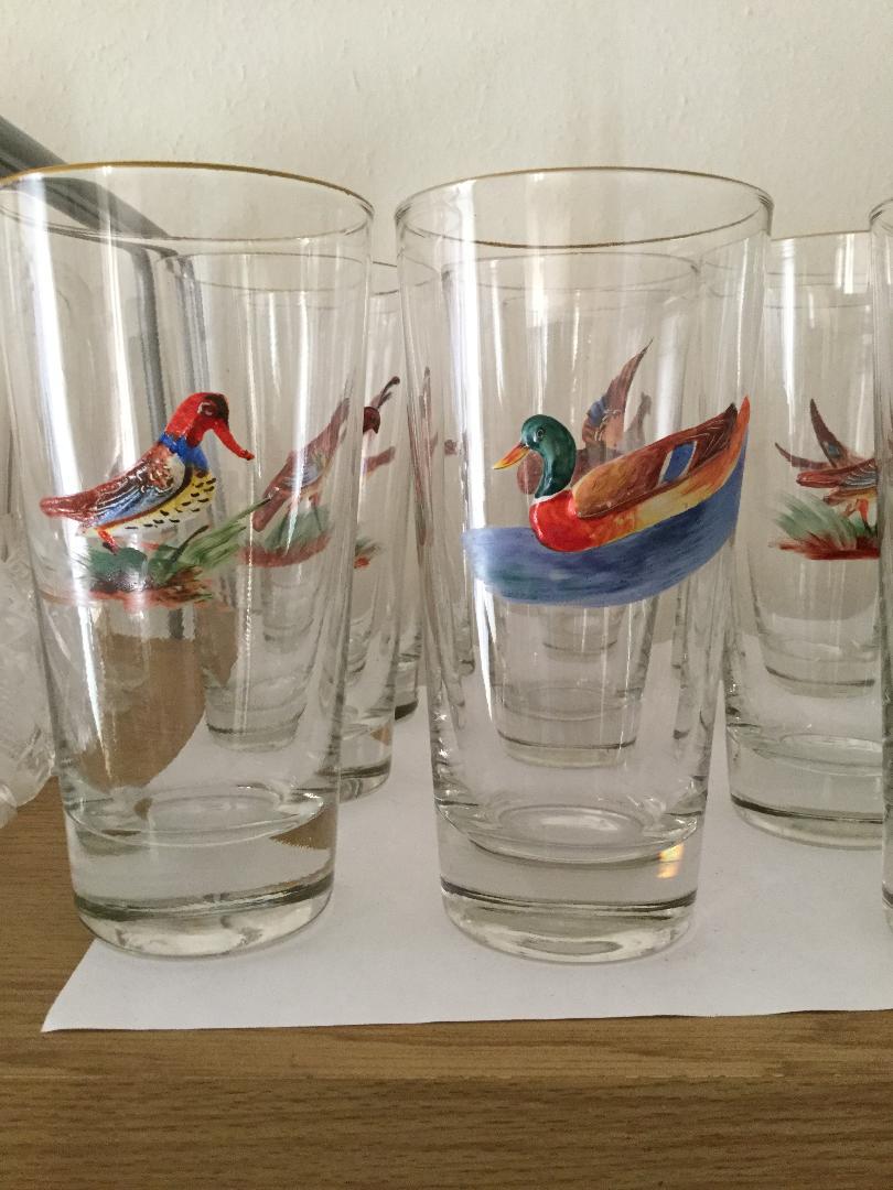 Early 20th Century Set of 14 Tall Highball or Water Bar Glasses with Enameled Birds